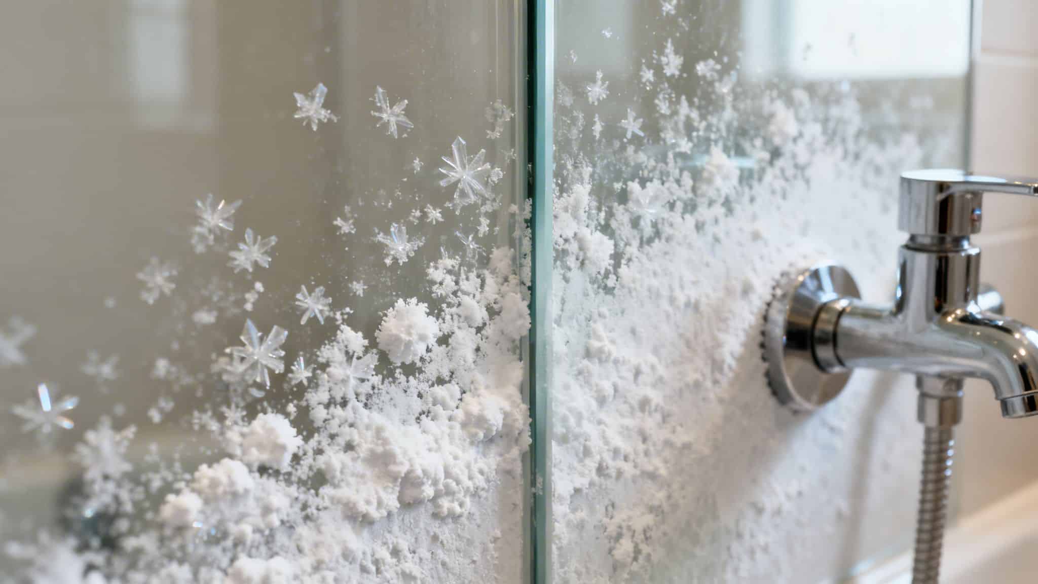 Close-up of a glass shower screen covered in intricate white mineral deposits, resembling snowflakes, next to a chrome faucet.