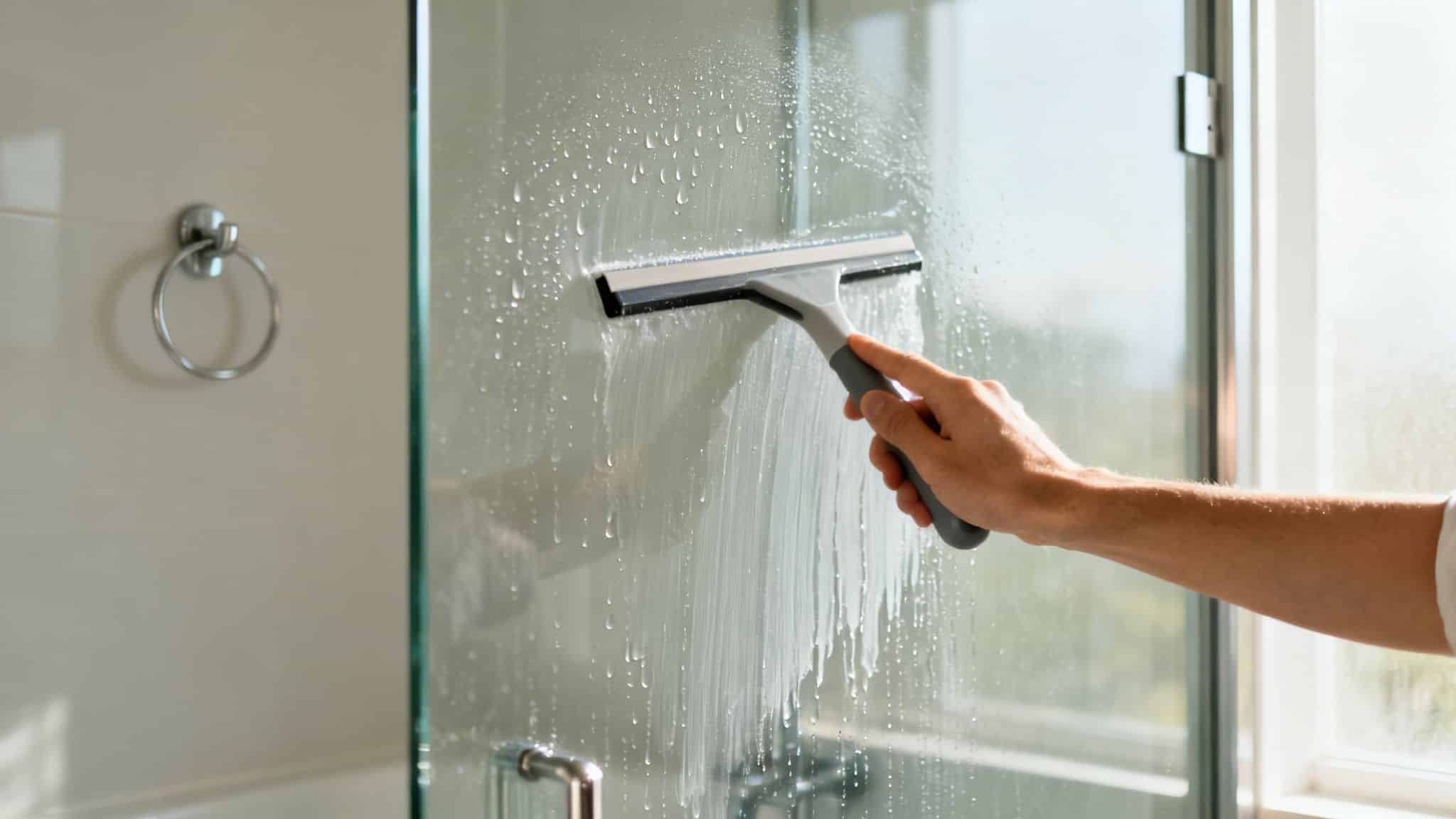 A person's hand uses a gray squeegee to clean water from a glass shower door.
