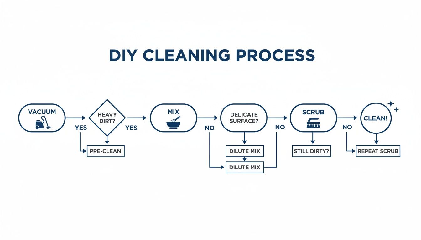 A flowchart illustrates the DIY cleaning process, detailing steps from vacuuming to scrubbing until clean.