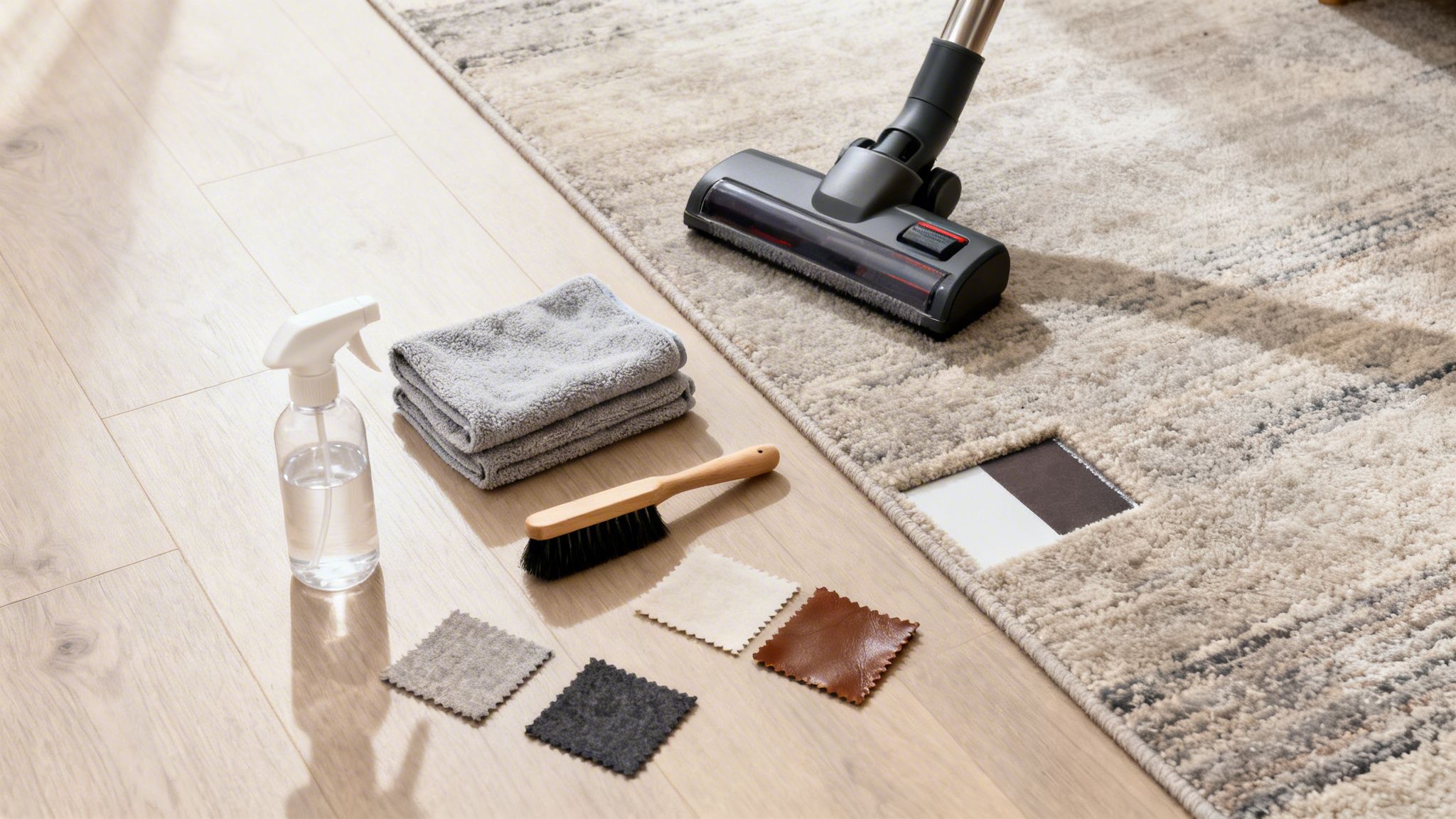 Cleaning supplies including a spray bottle and cloths next to a vacuum cleaner head on a rug.