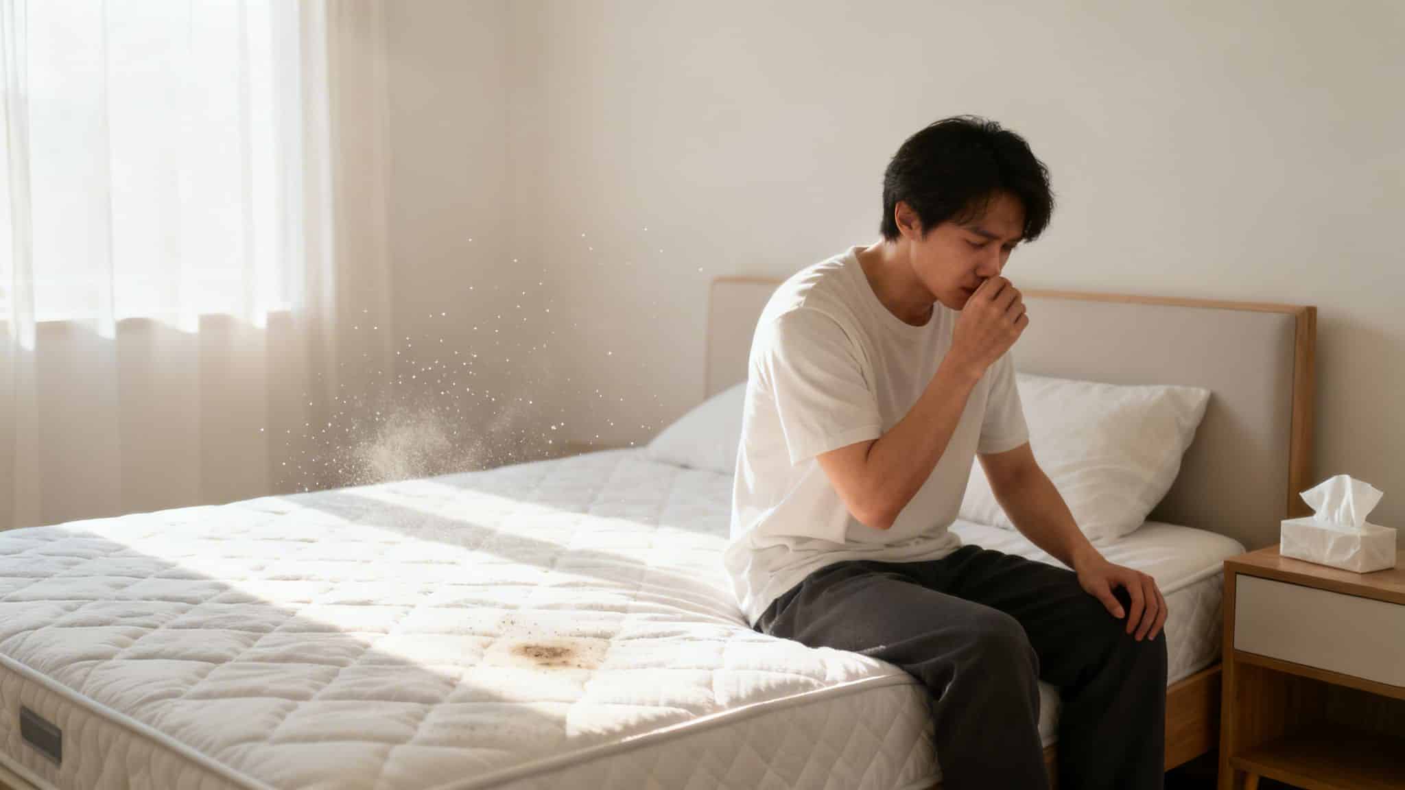 Man coughing from dust and allergens rising from a dirty mattress in a sunlit room.