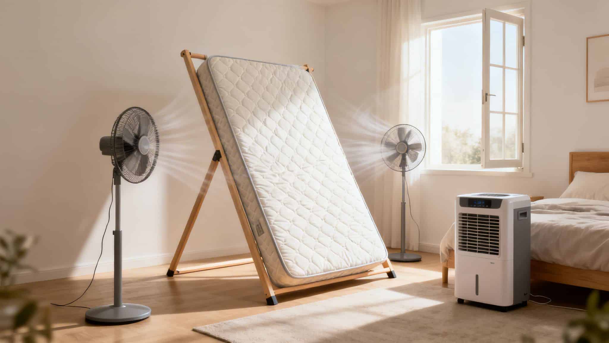 A mattress is propped up on a wooden stand with two fans blowing air on it in a bright bedroom, suggesting drying.