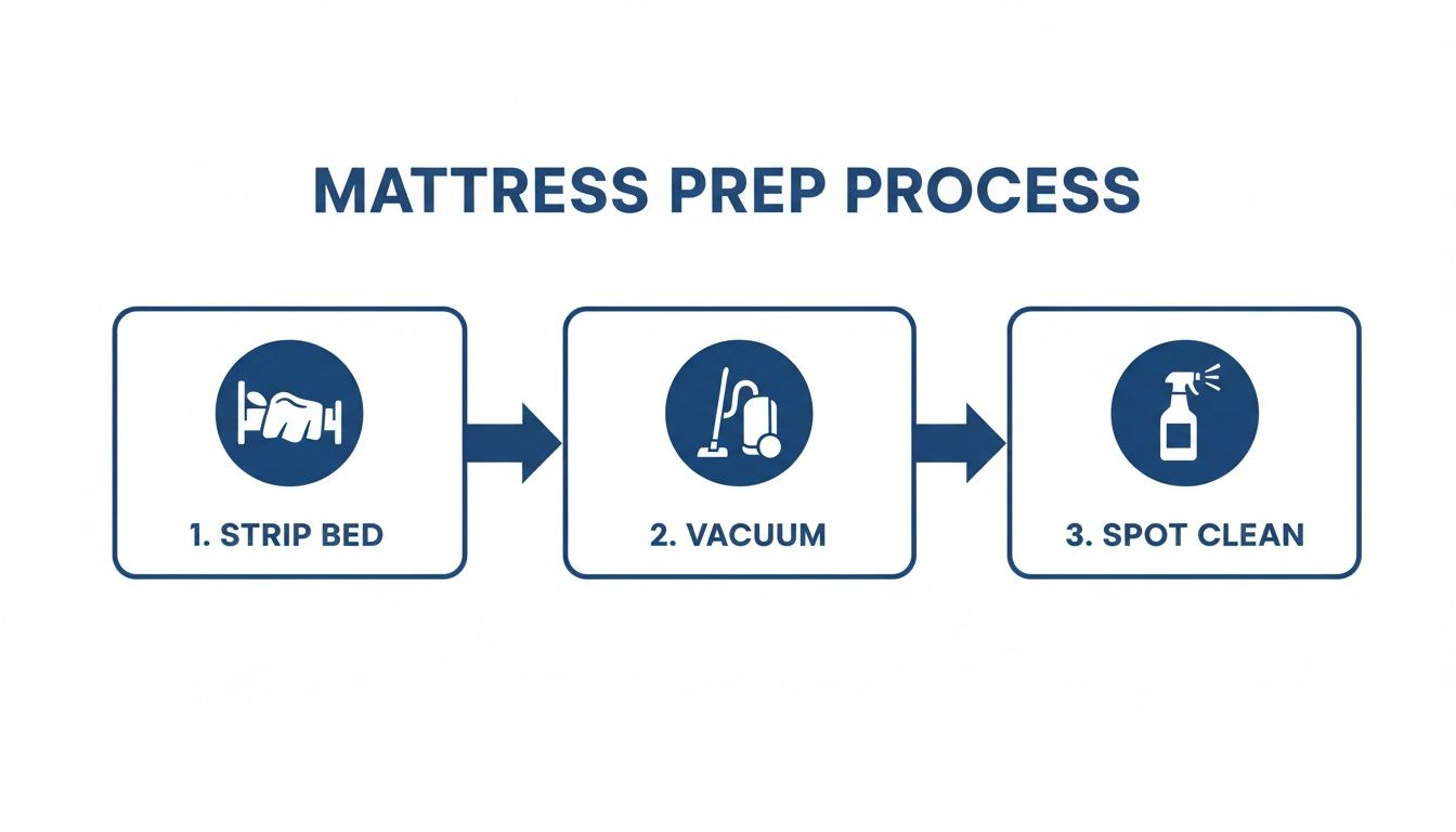 A flowchart illustrating the three-step mattress preparation process: strip bed, vacuum, and spot clean.