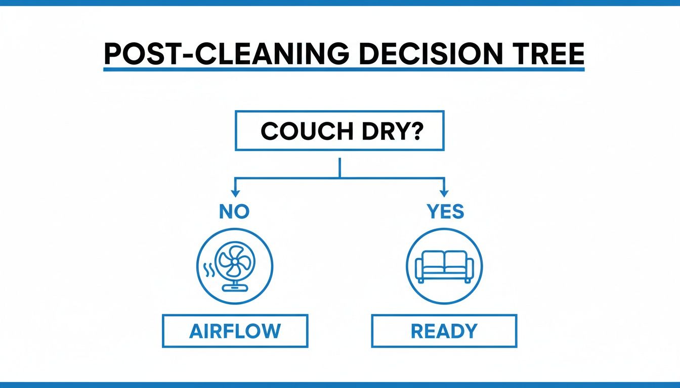 A post-cleaning decision tree flowchart outlining steps for drying a couch.