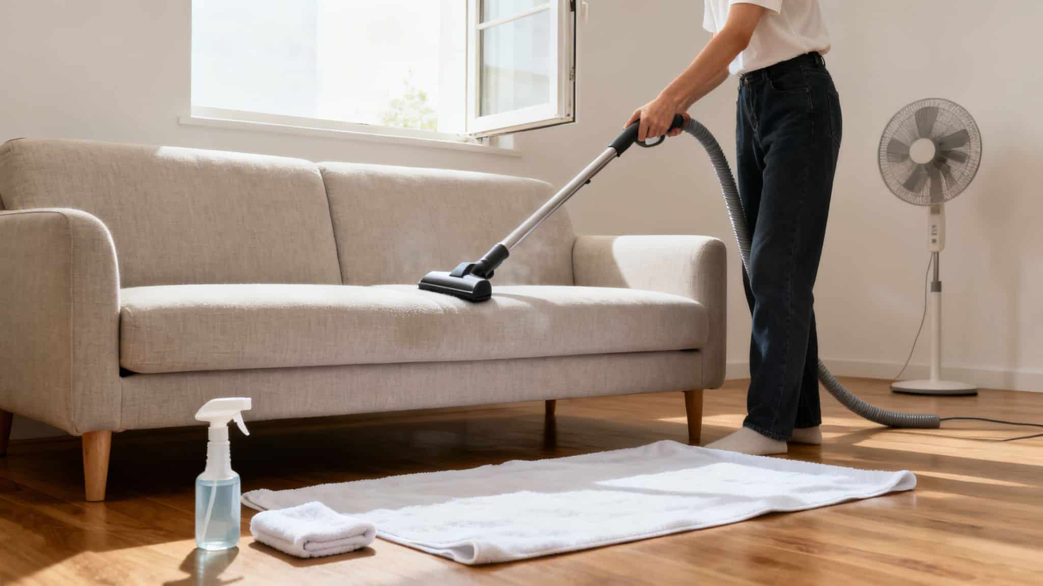Person steam cleaning a light-colored fabric couch in a sunlit living room.