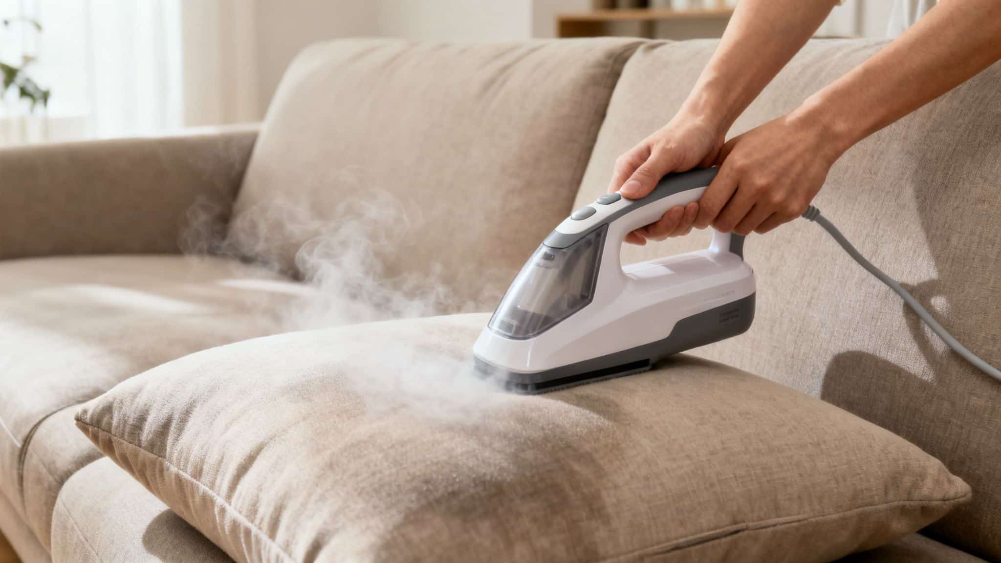 Close-up of hands steam cleaning a light-colored sofa cushion, releasing visible steam.