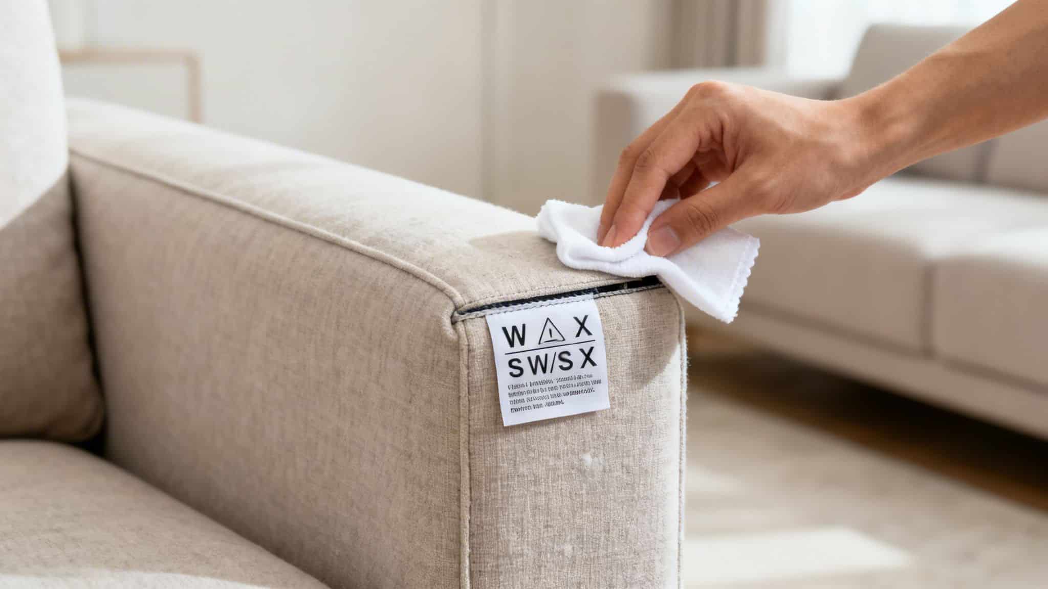 A hand gently cleans a fabric sofa armrest with a white cloth, near a care label.