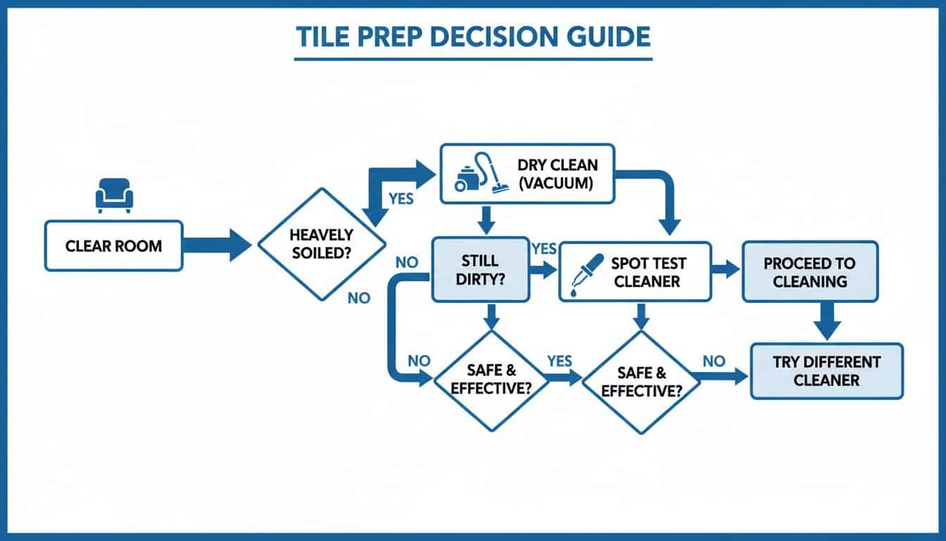Flowchart guiding tile preparation and cleaning, including steps like clearing, dry cleaning, and testing cleaners.