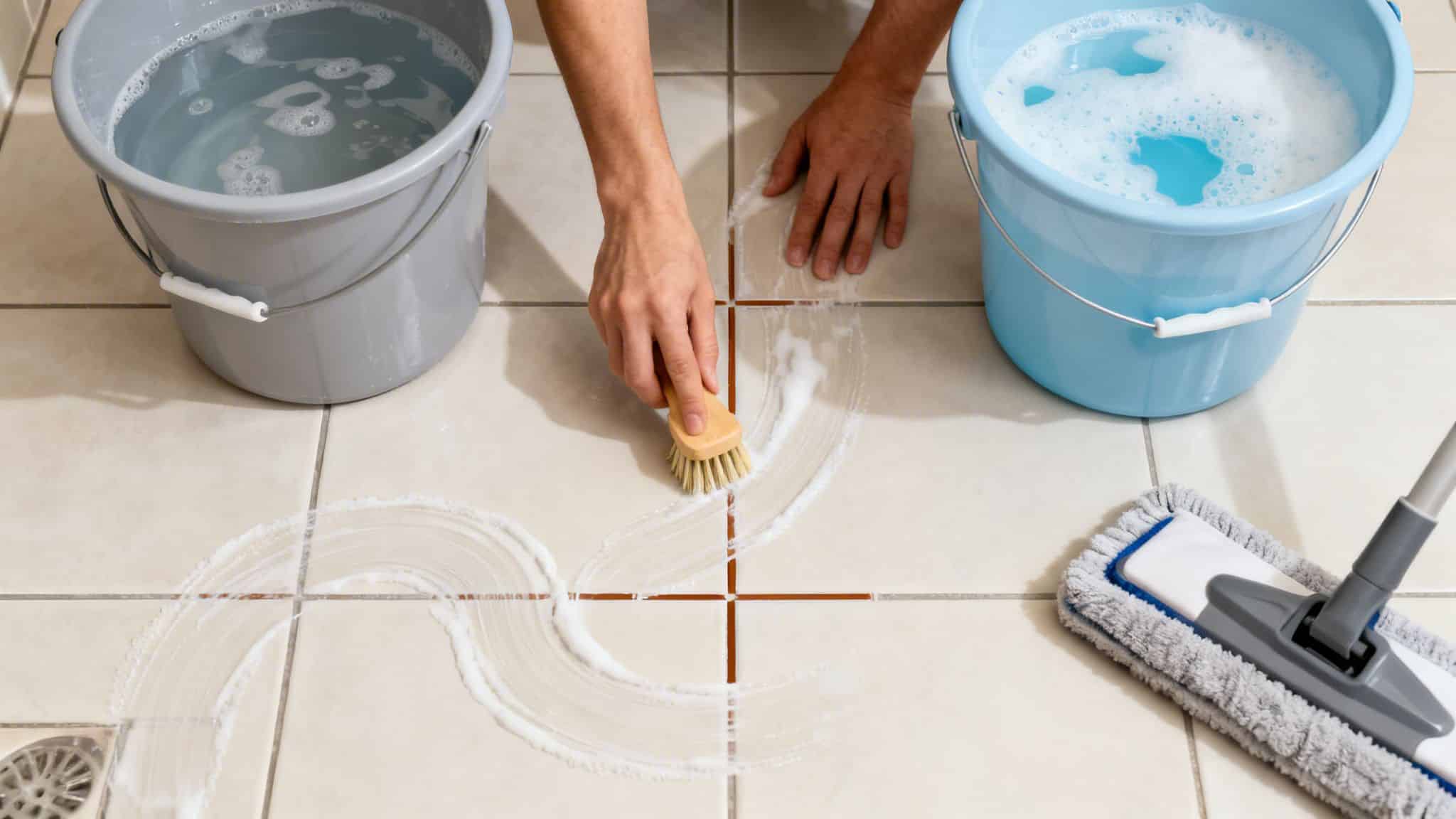 A person's hands scrub the grout lines of a tiled floor with a brush, surrounded by cleaning buckets and a mop.