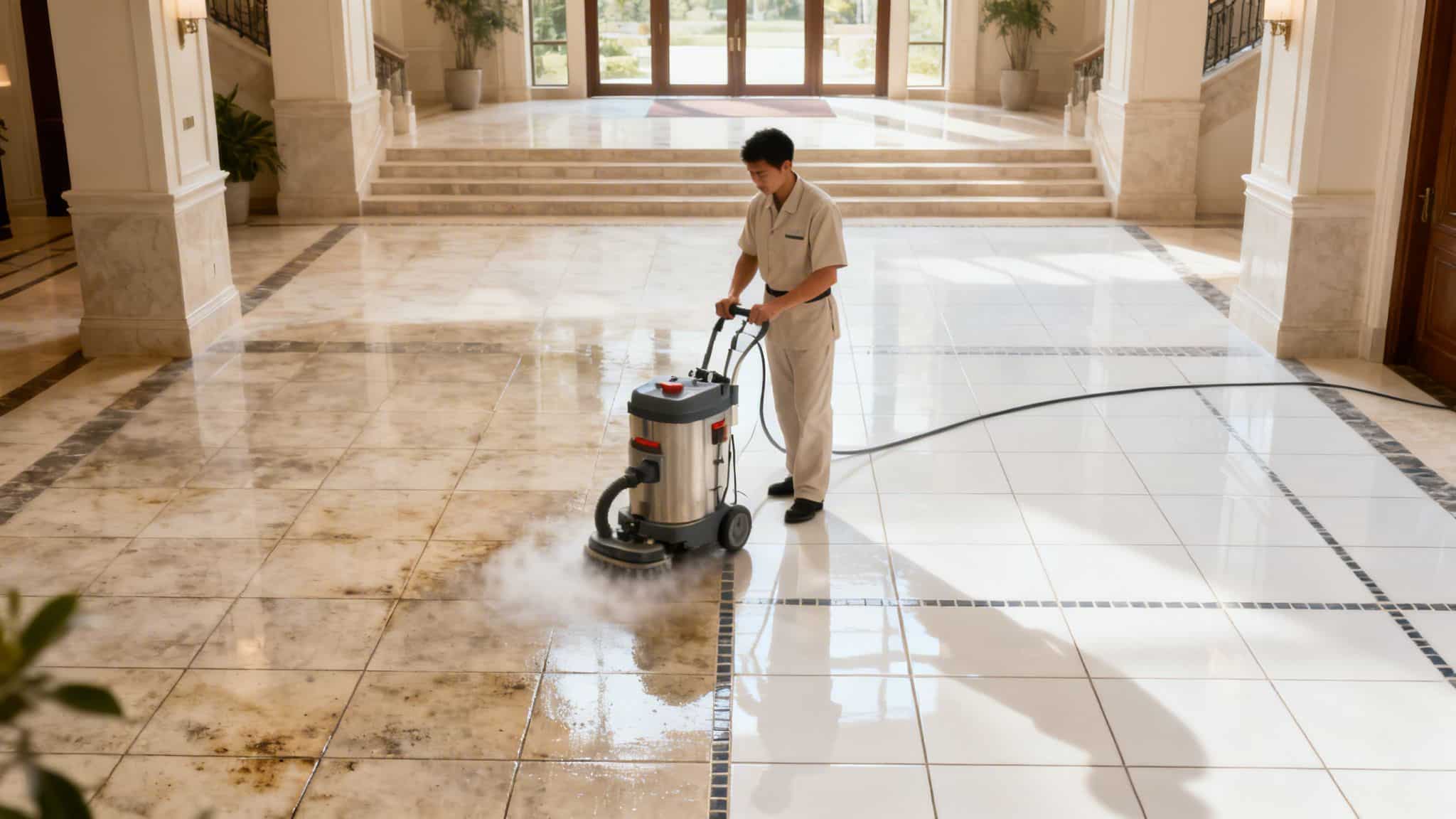A cleaner operates a professional floor scrubber machine on a dirty marble tiled floor, making it shine.