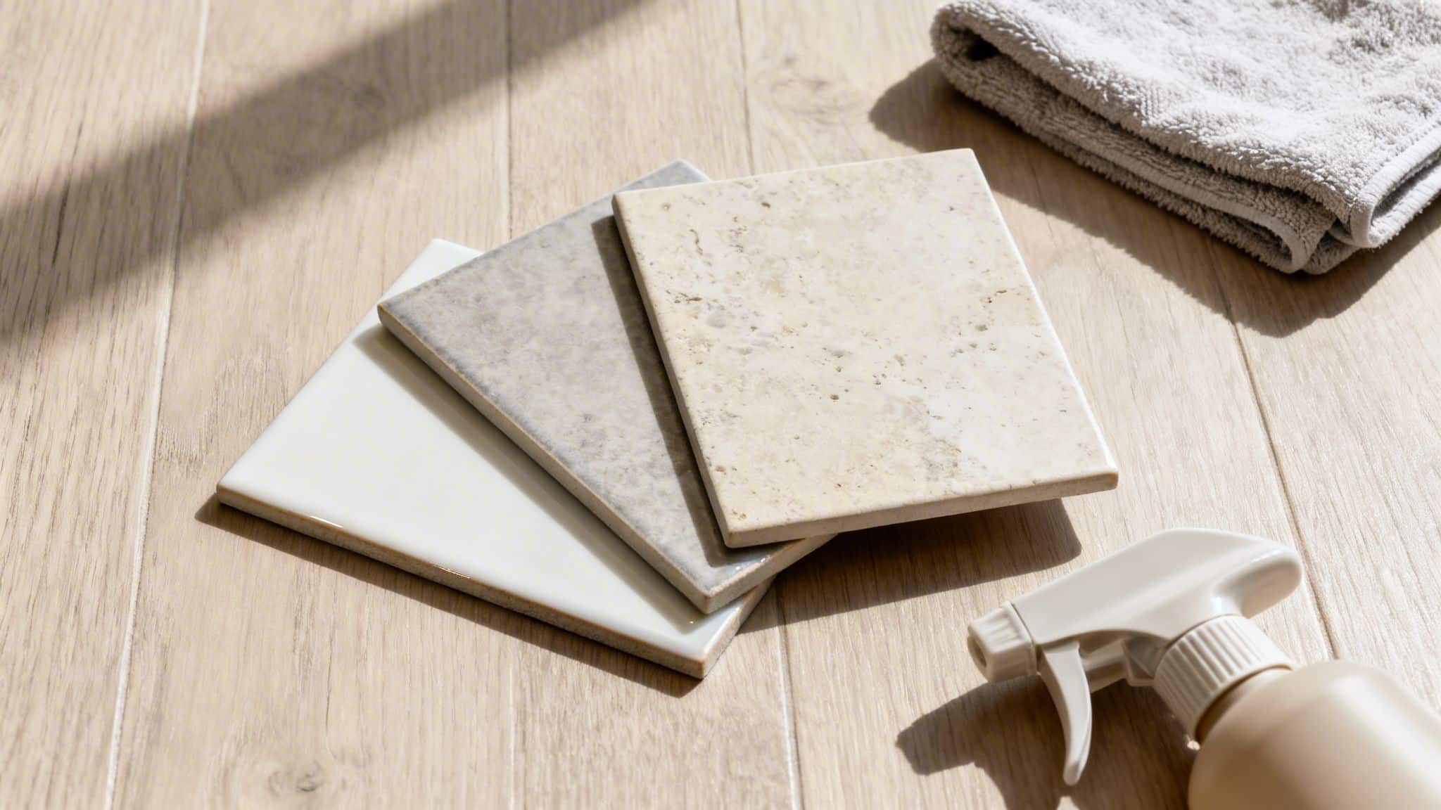 Three tile samples, a spray bottle, and a folded towel on a light wooden floor.