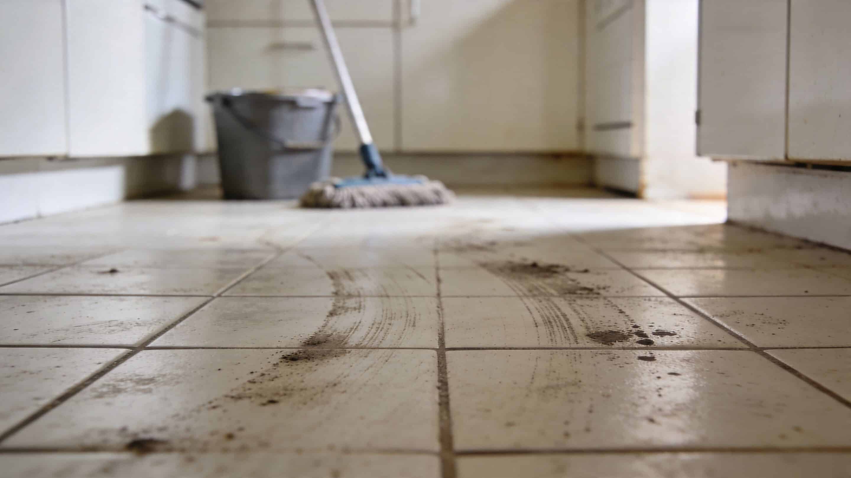A dirty tile floor in a kitchen with a mop and bucket in the background waiting for cleaning.