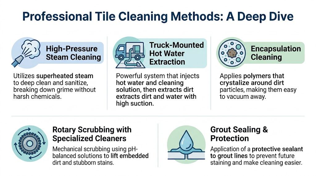 An infographic titled Professional Tile Cleaning Methods detailing five techniques for deep cleaning and protecting tile floors.