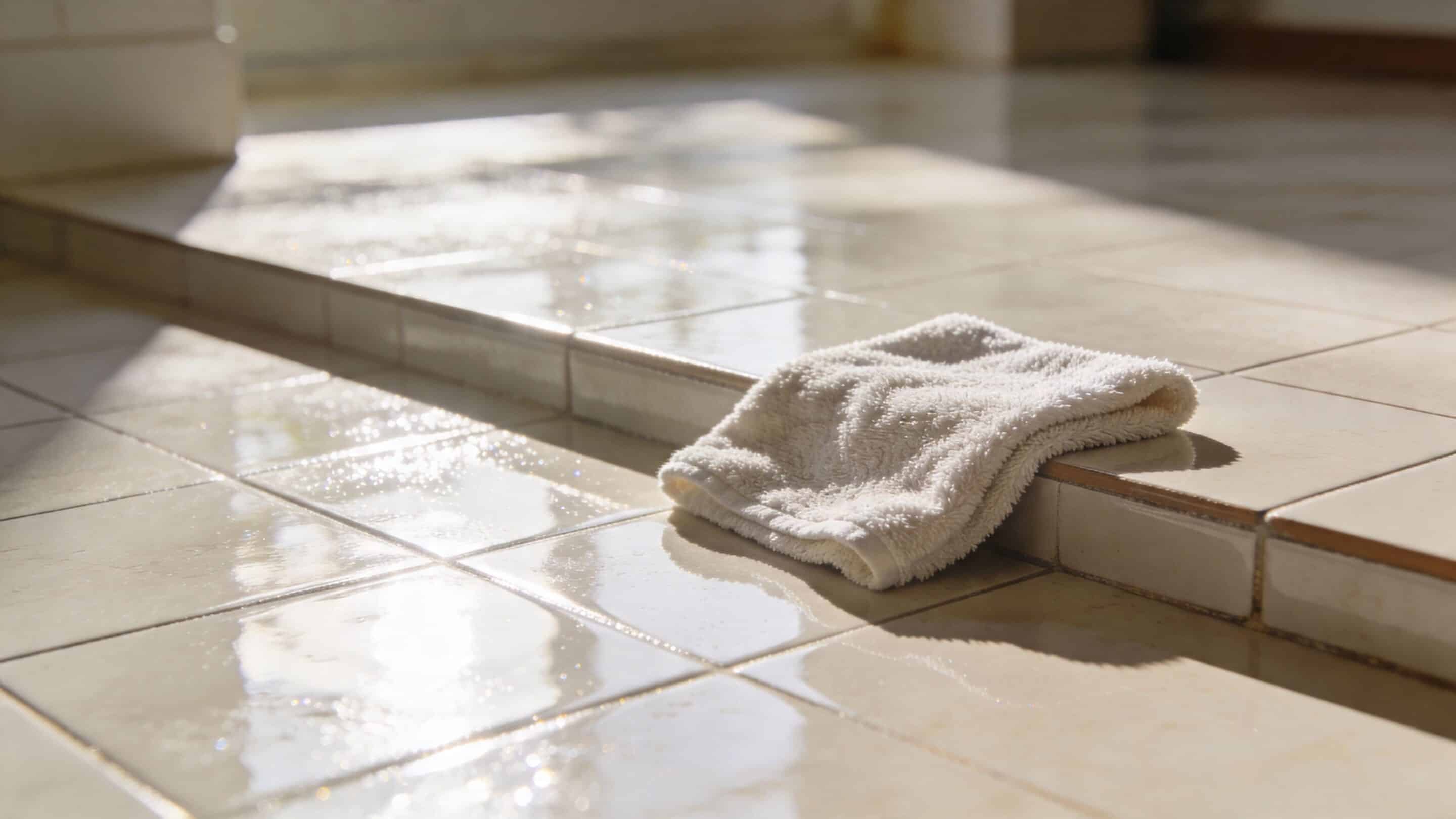 A clean white towel rests on a sunlight-drenched tiled step in a bright, modern bathroom setting.