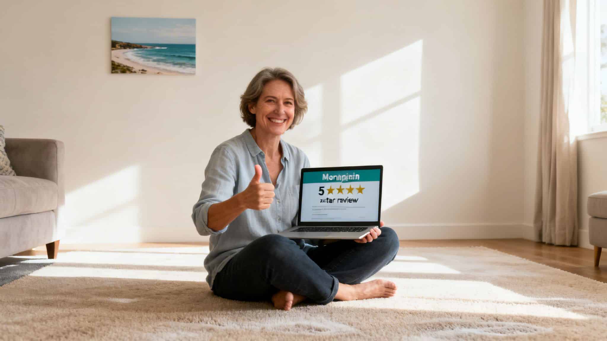 Happy woman sitting on a carpet, giving thumbs-up, showing a 5-star review on her laptop.