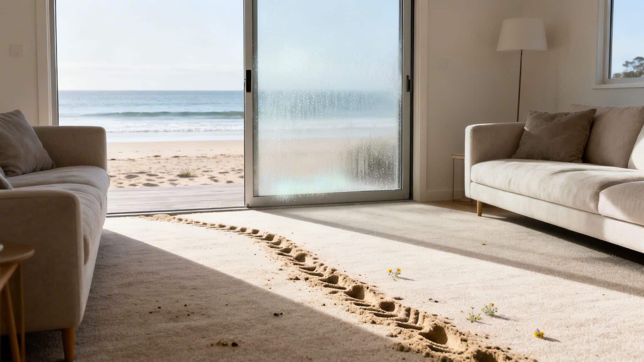 A bright living room in a beach house with sand footprints on the carpet leading from the ocean.