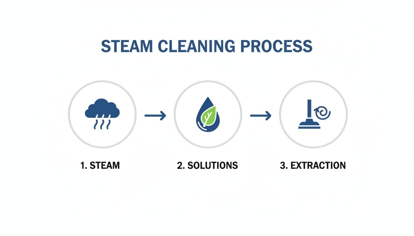An infographic illustrating the three-step steam cleaning process: steam, solutions, and extraction.