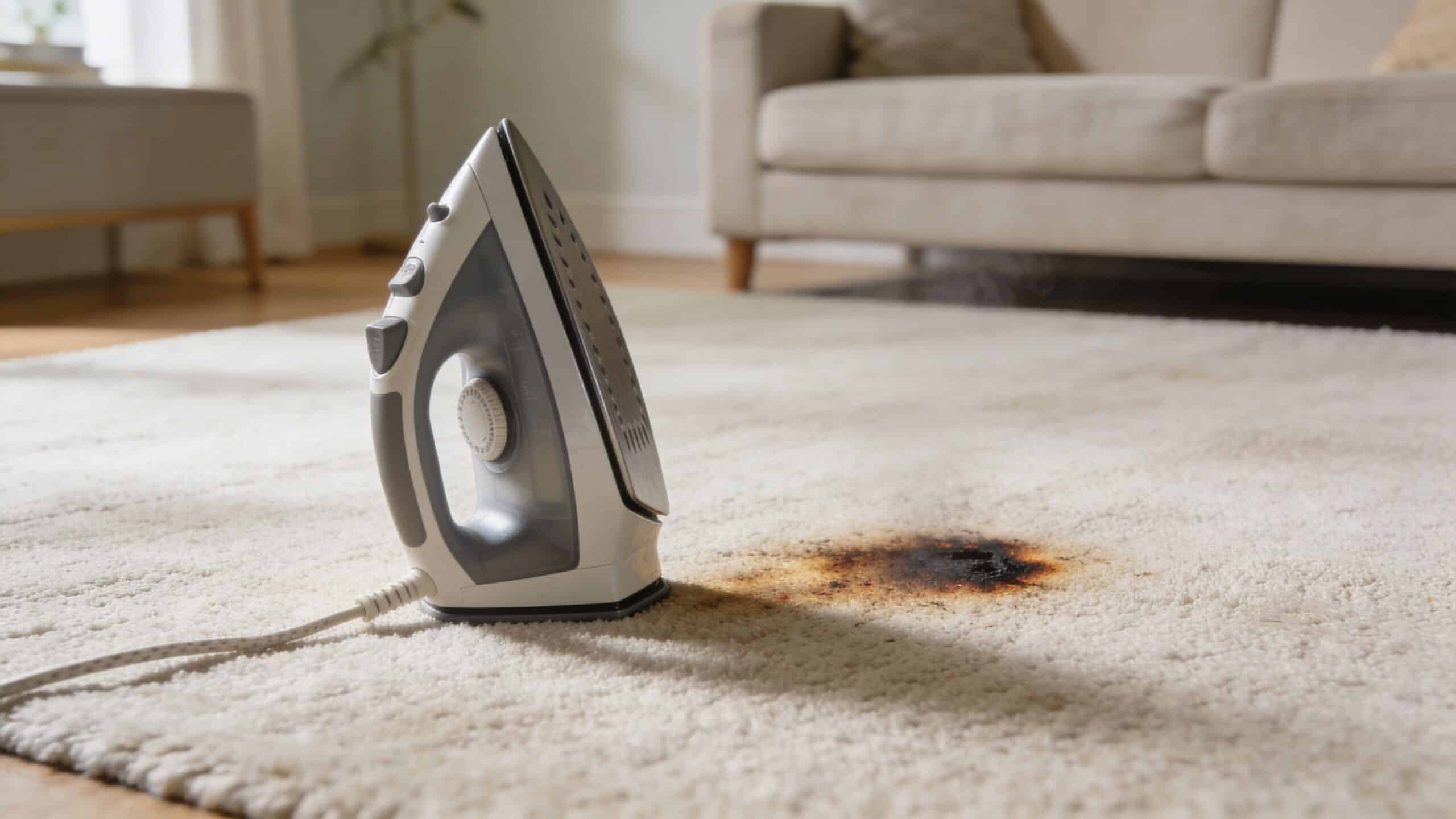 A clothes iron standing on a white carpet next to a burned hole from an accidental burn.