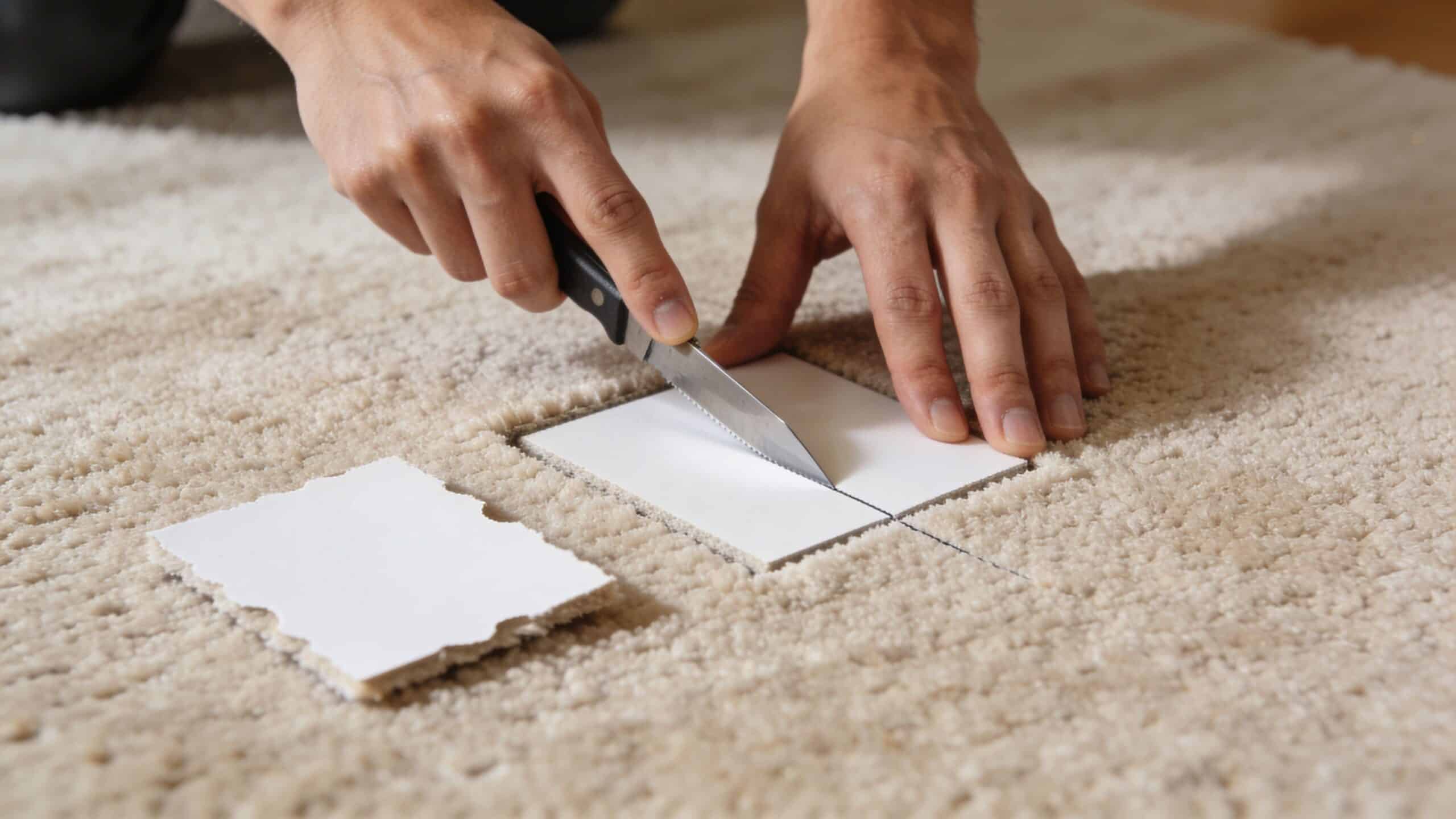 A person uses a utility knife to carefully cut a square patch in a beige carpet.