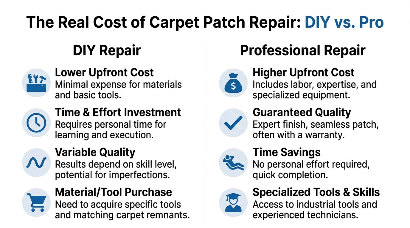 A comparison chart outlining the pros and cons of DIY versus professional carpet patch repair services.