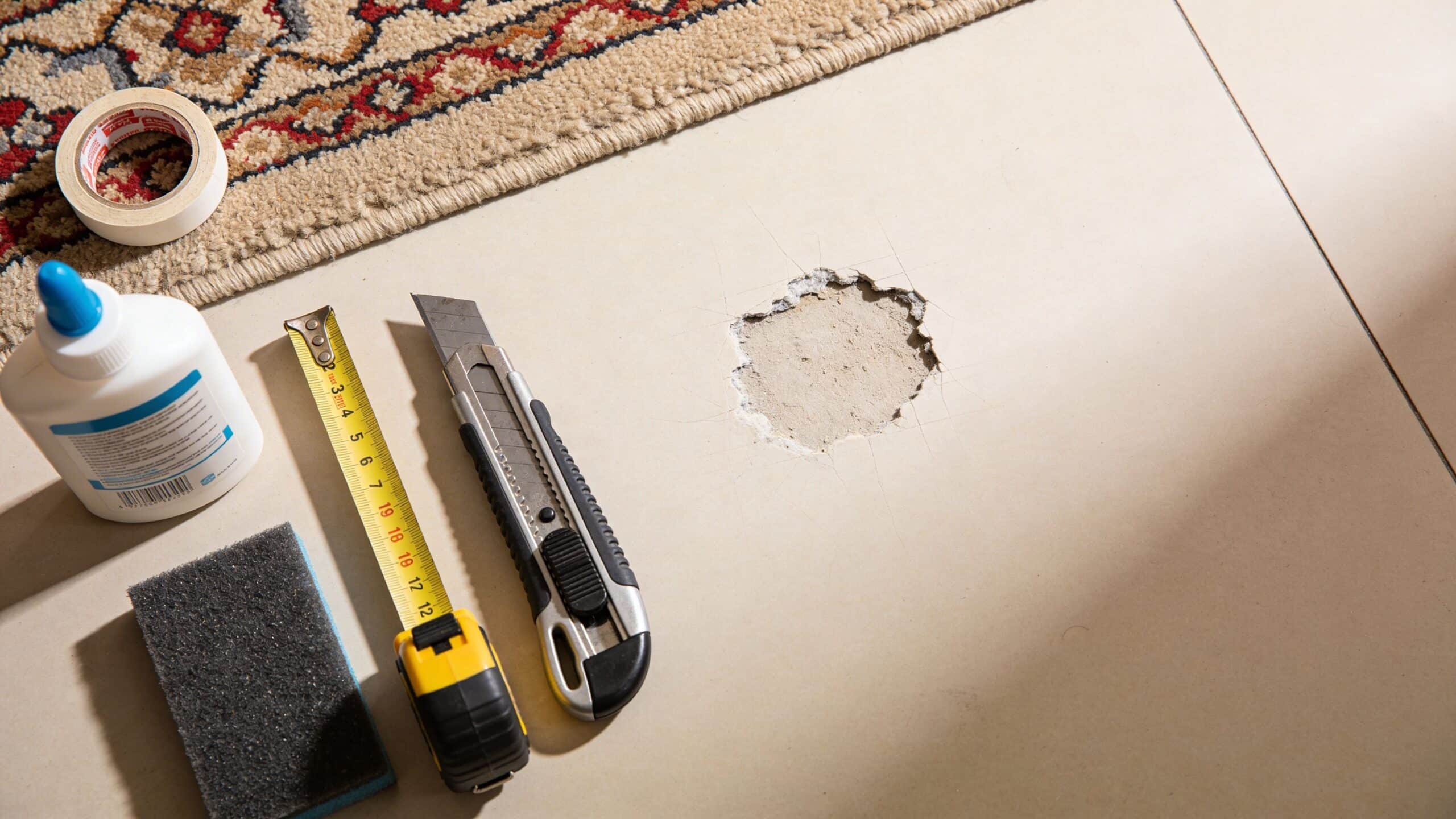 Tools for carpet patch repair including adhesive, tape, tape measure, and a utility knife on floor.