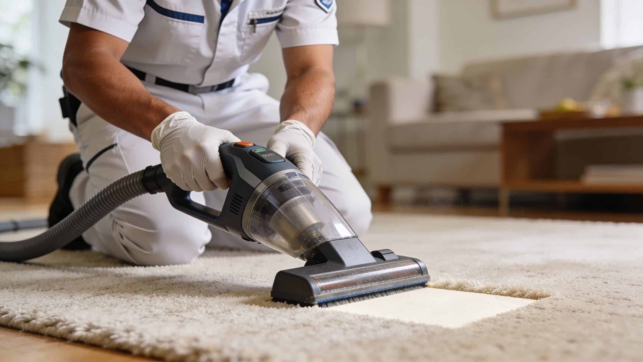 A professional cleaning technician wearing gloves vacuuming a carpet to perform thorough carpet stain removal services.