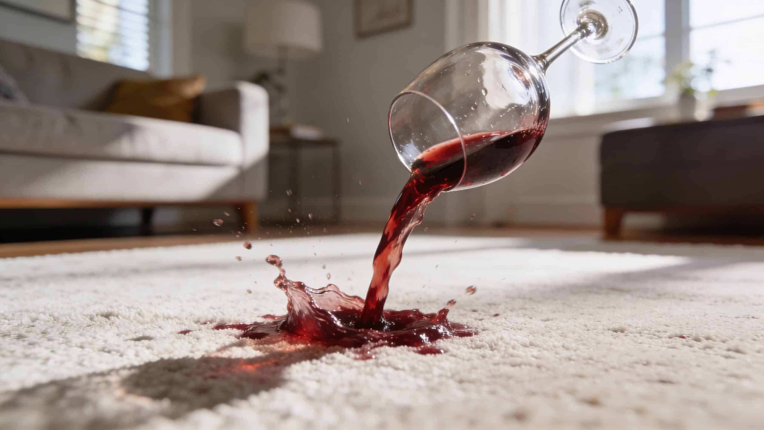 A red wine glass spilling its contents onto a white shag carpet in a bright living room.