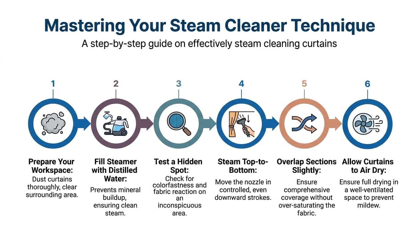 A numbered six-step infographic guide on how to effectively steam clean curtains at home.
