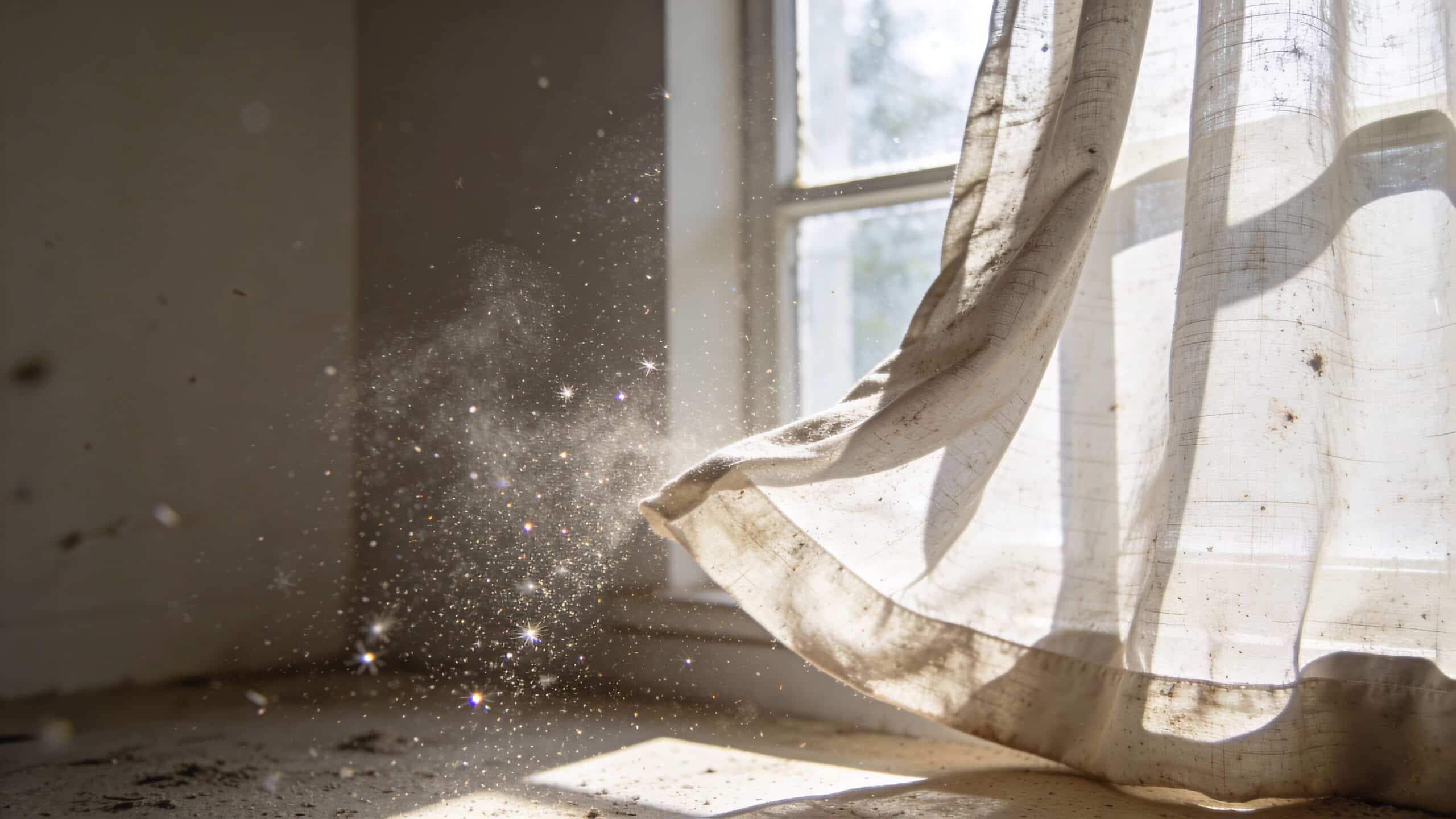 A close-up view of dirty white curtains hanging in a window with sunlight revealing dust particles.