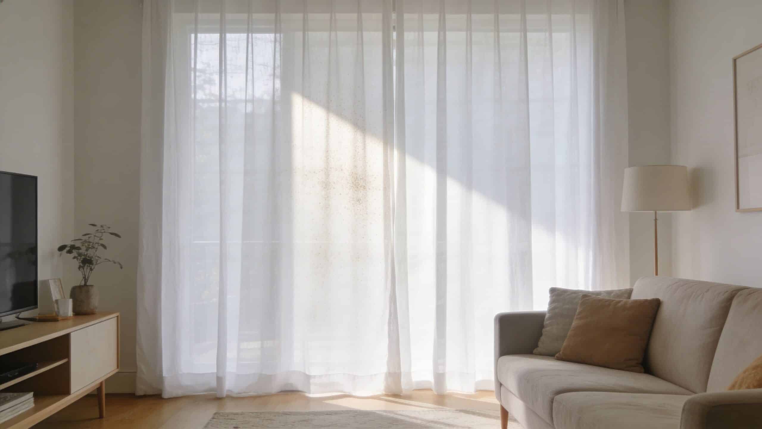 Sunlight filters through clean white sheer curtains hanging in a modern, bright, and cozy living room.