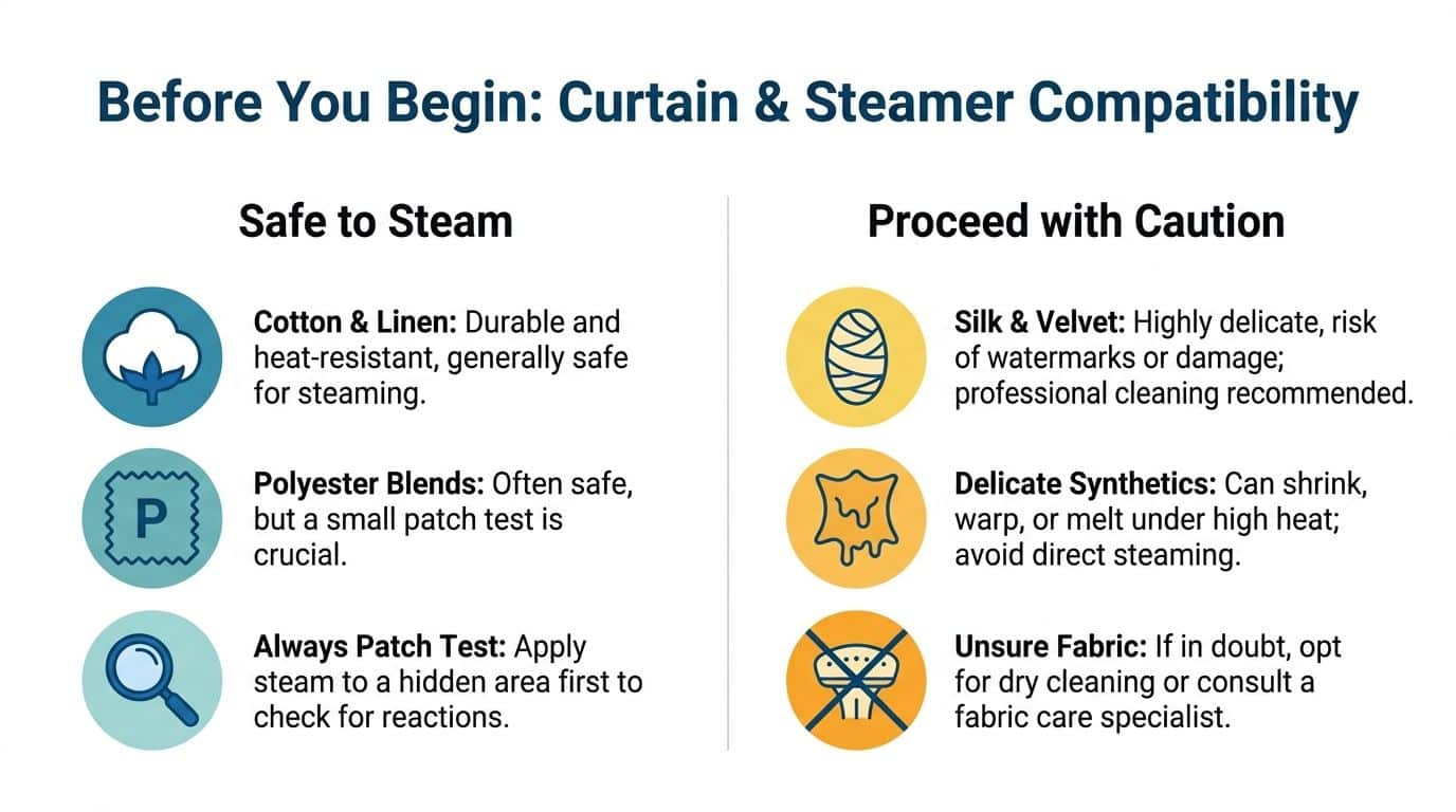 A safety guide infographic about curtain and steamer compatibility, distinguishing between safe fabrics and those needing caution.
