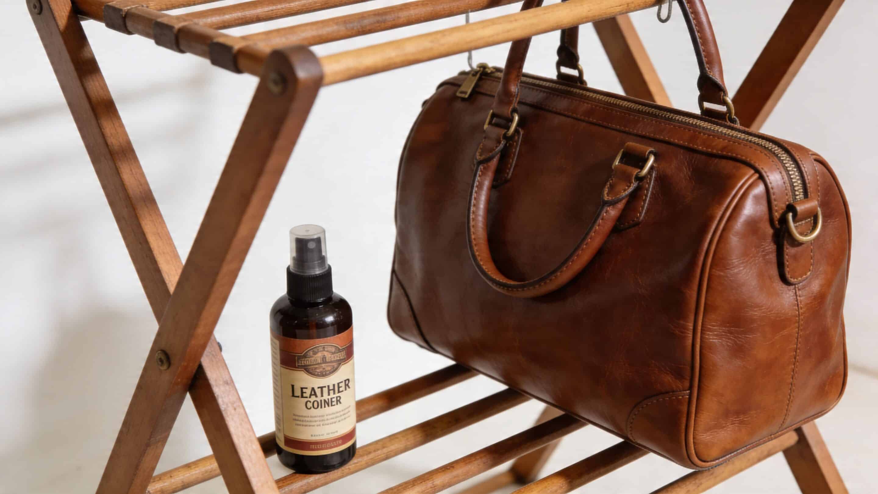A leather care spray bottle sitting on a wooden luggage rack next to a brown leather handbag.