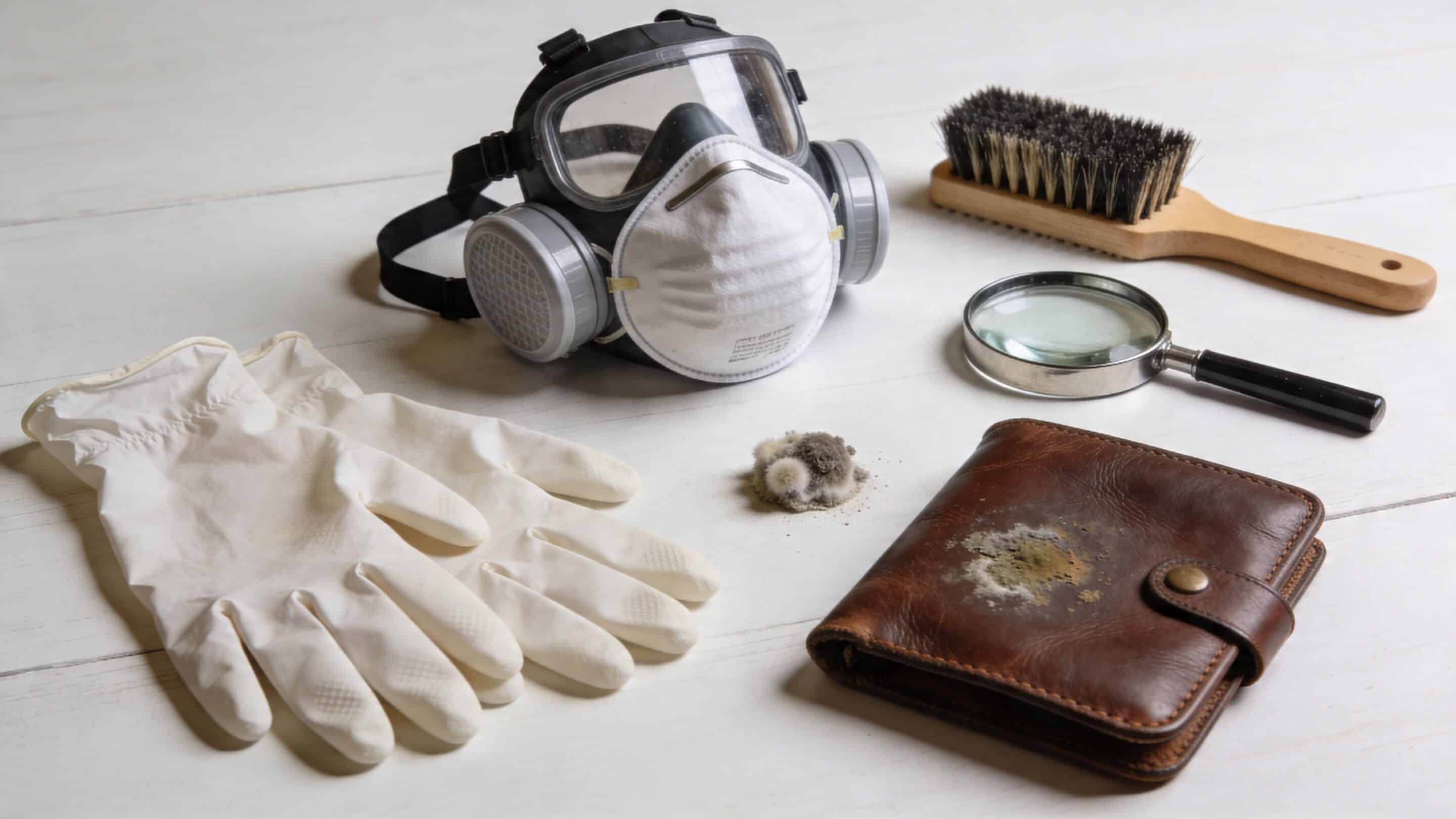 A set of tools for cleaning moldy leather including gloves, a respirator mask, brush, magnifier, and moldy wallet.