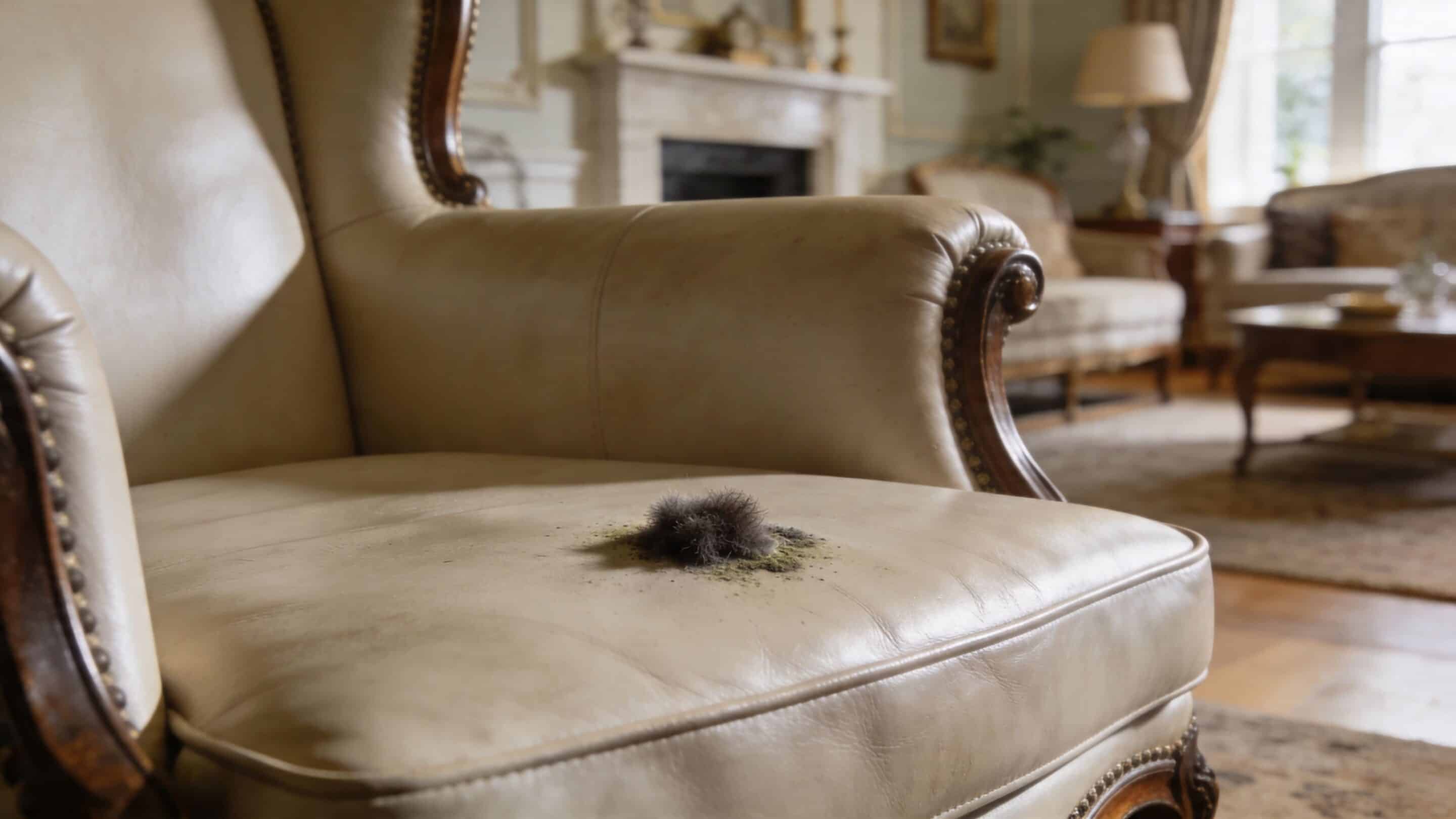 A patch of dark mold and debris resting on the cushion of a vintage leather armchair