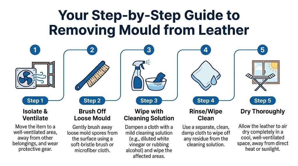 An infographic showing five steps to clean mould from leather items, including ventilation and cleaning instructions.