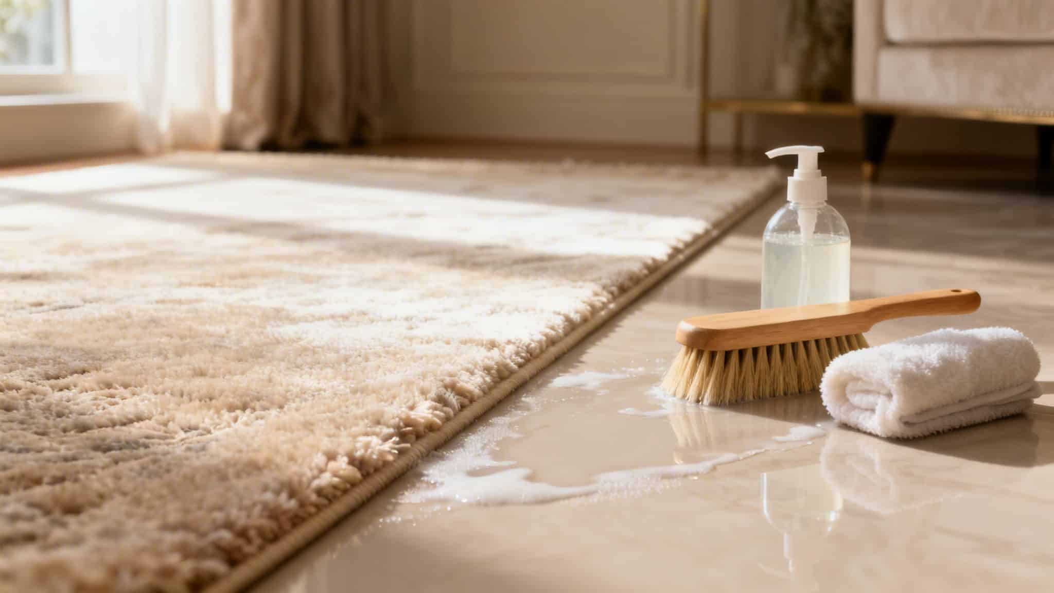 A scrub brush, soap dispenser, and folded towel sitting on a tiled floor next to a rug.