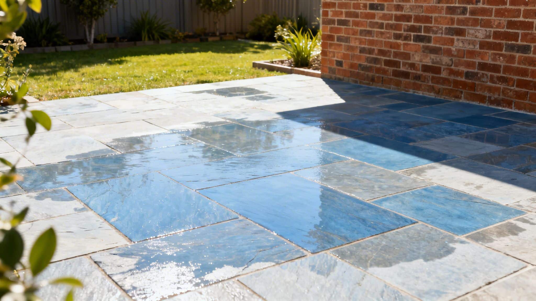 A freshly power washed blue slate patio reflecting the bright sun in a clean backyard garden.