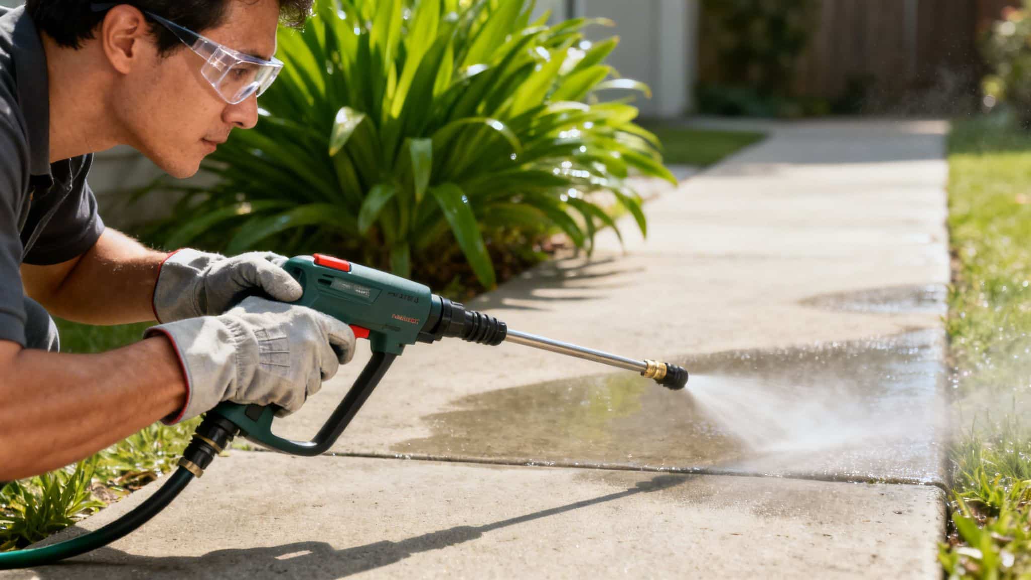A man wearing safety glasses and protective gloves uses a power washer to clean a concrete sidewalk.