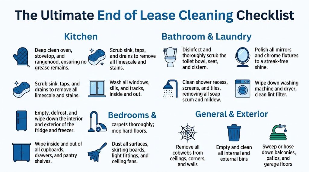A comprehensive end of lease cleaning checklist for kitchens, bathrooms, laundry rooms, bedrooms, and general home areas.