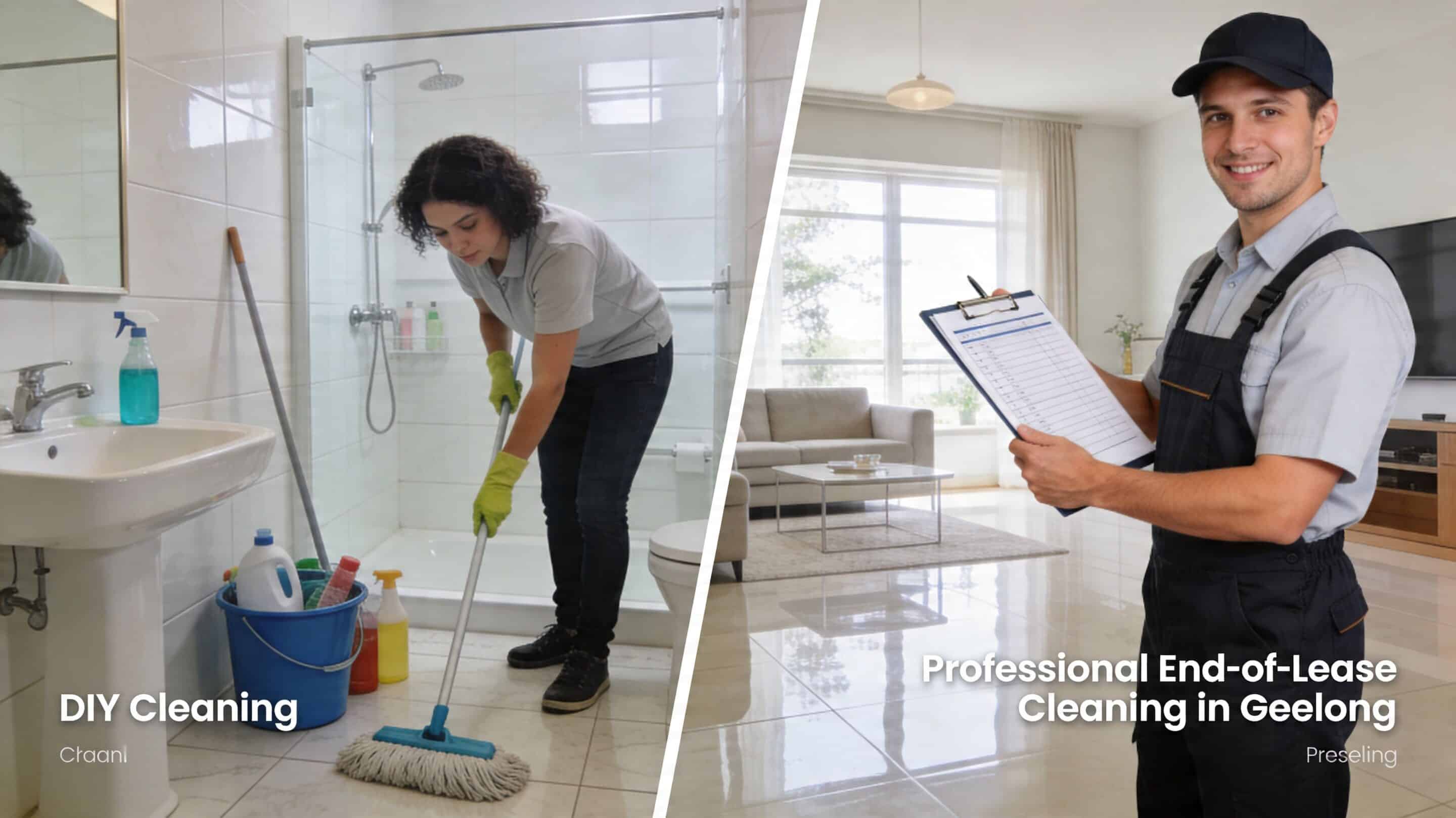A split image comparing DIY bathroom cleaning with professional end-of-lease cleaning services in Geelong.