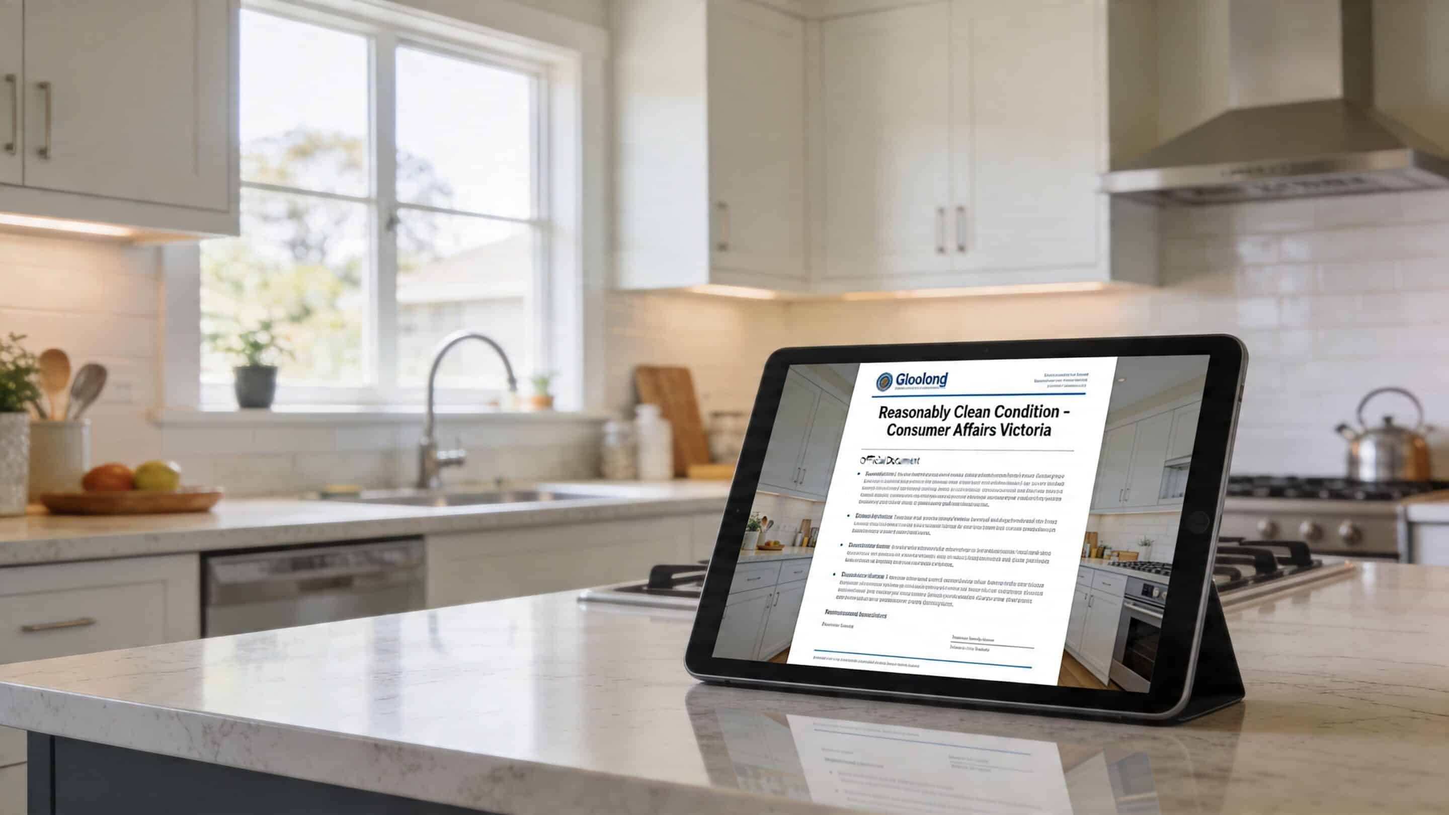A digital tablet displaying a Consumer Affairs Victoria document about end of lease cleaning on a kitchen counter.