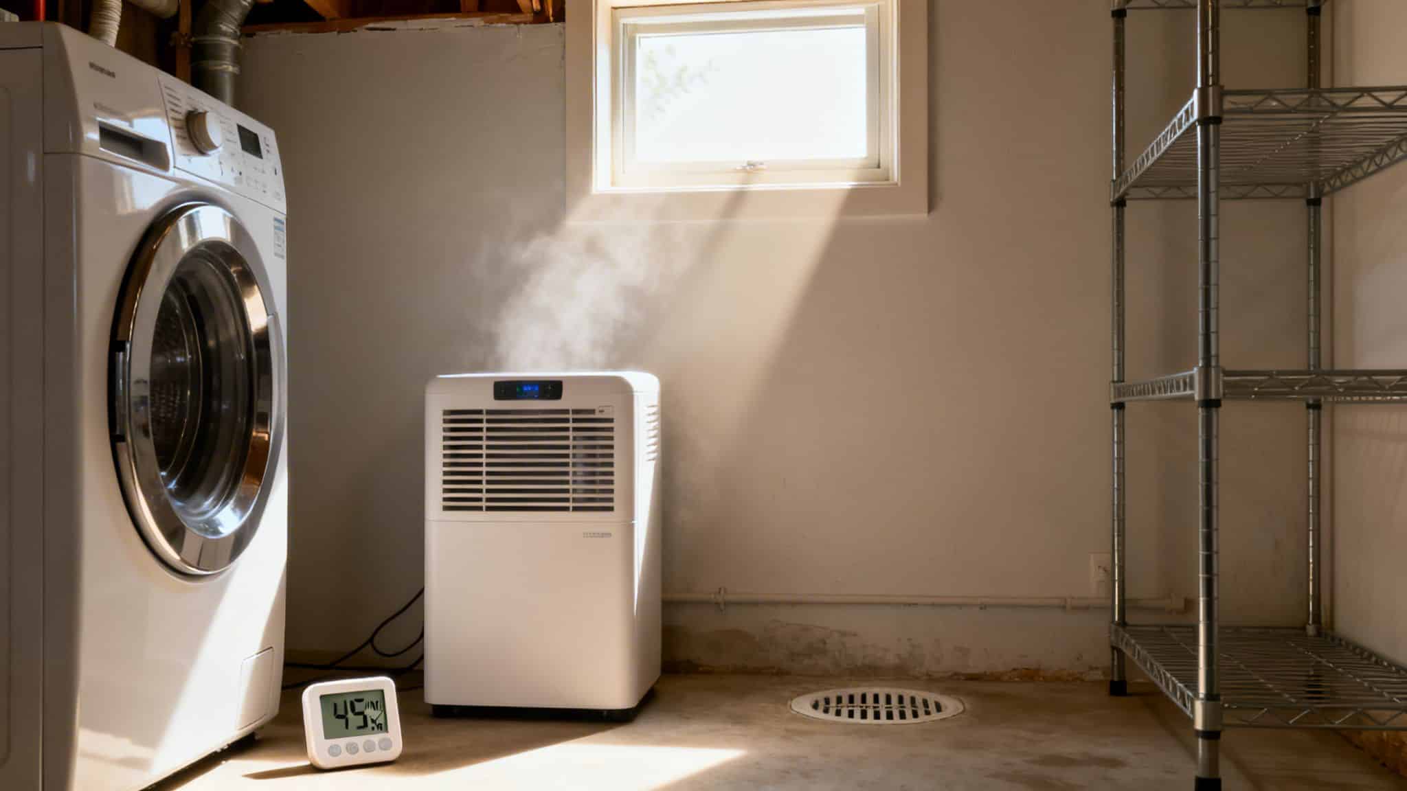 Dehumidifier emitting mist in a basement with a washing machine, showing 45% humidity on a hygrometer.