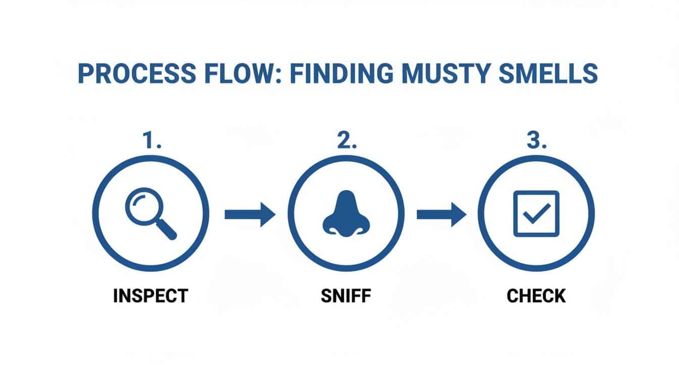 A process flow diagram illustrating three steps to find musty smells: inspect, sniff, then check.