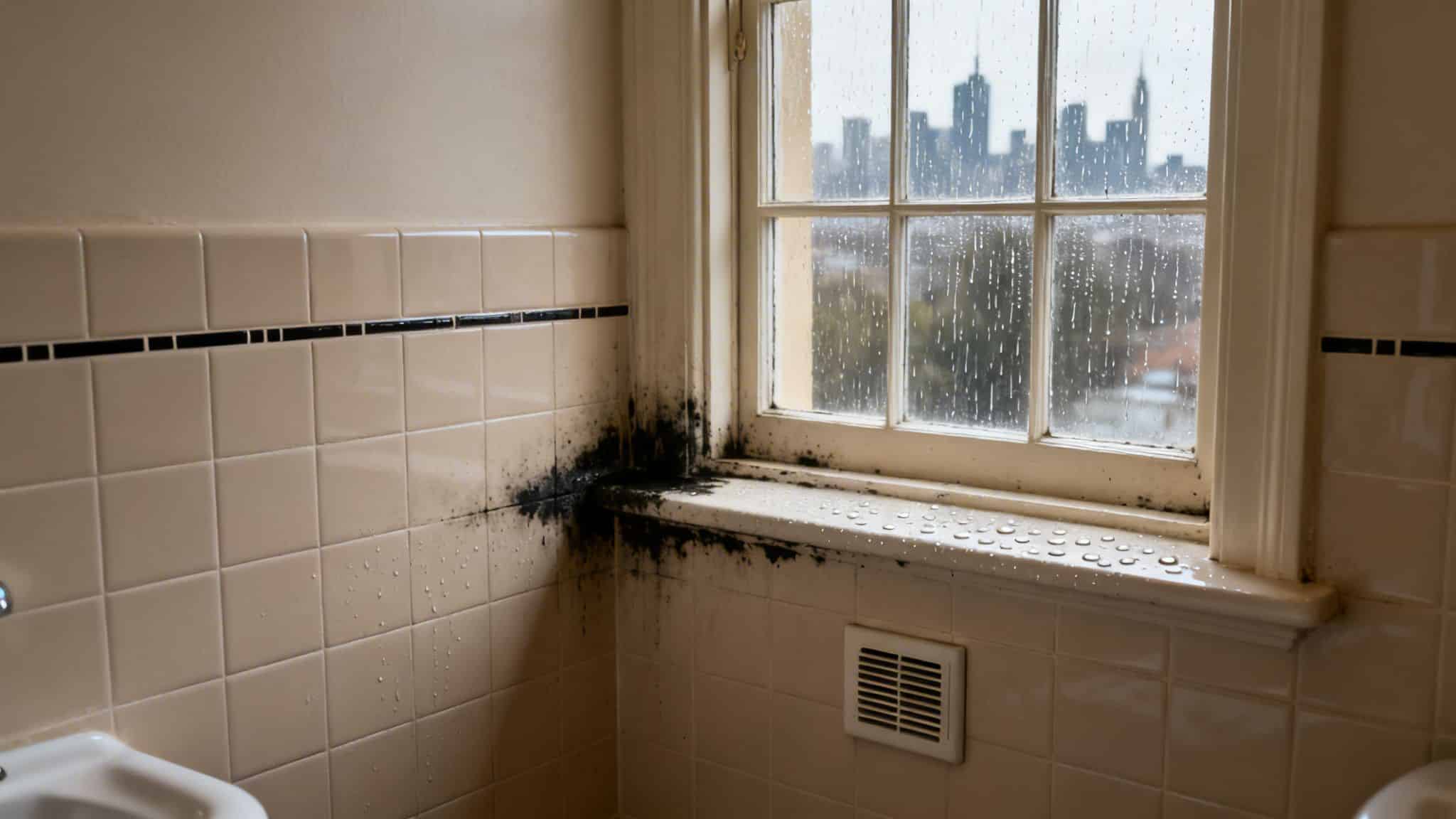 Severe black mould growth on walls and window sill of a damp bathroom with city skyline view.