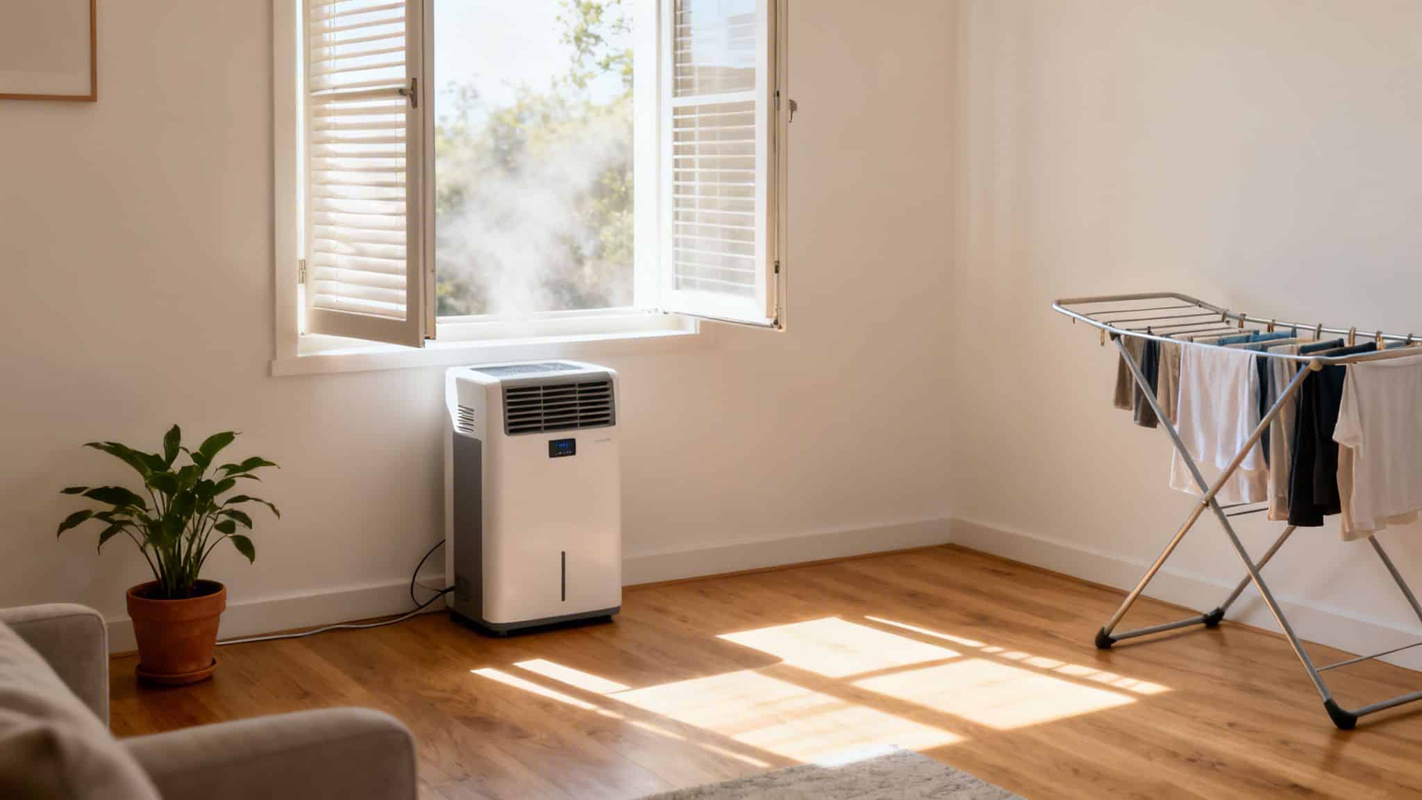 A bright room with a white portable dehumidifier, clothes drying rack, and a green plant by a sunny window.