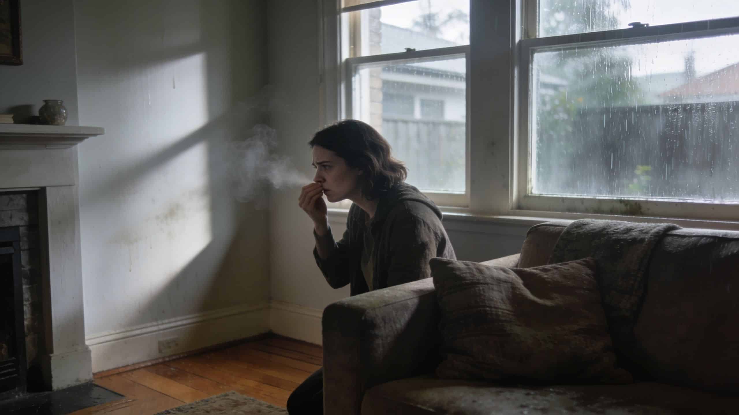A woman kneeling in a dimly lit room, covering her nose while facing mold growth.