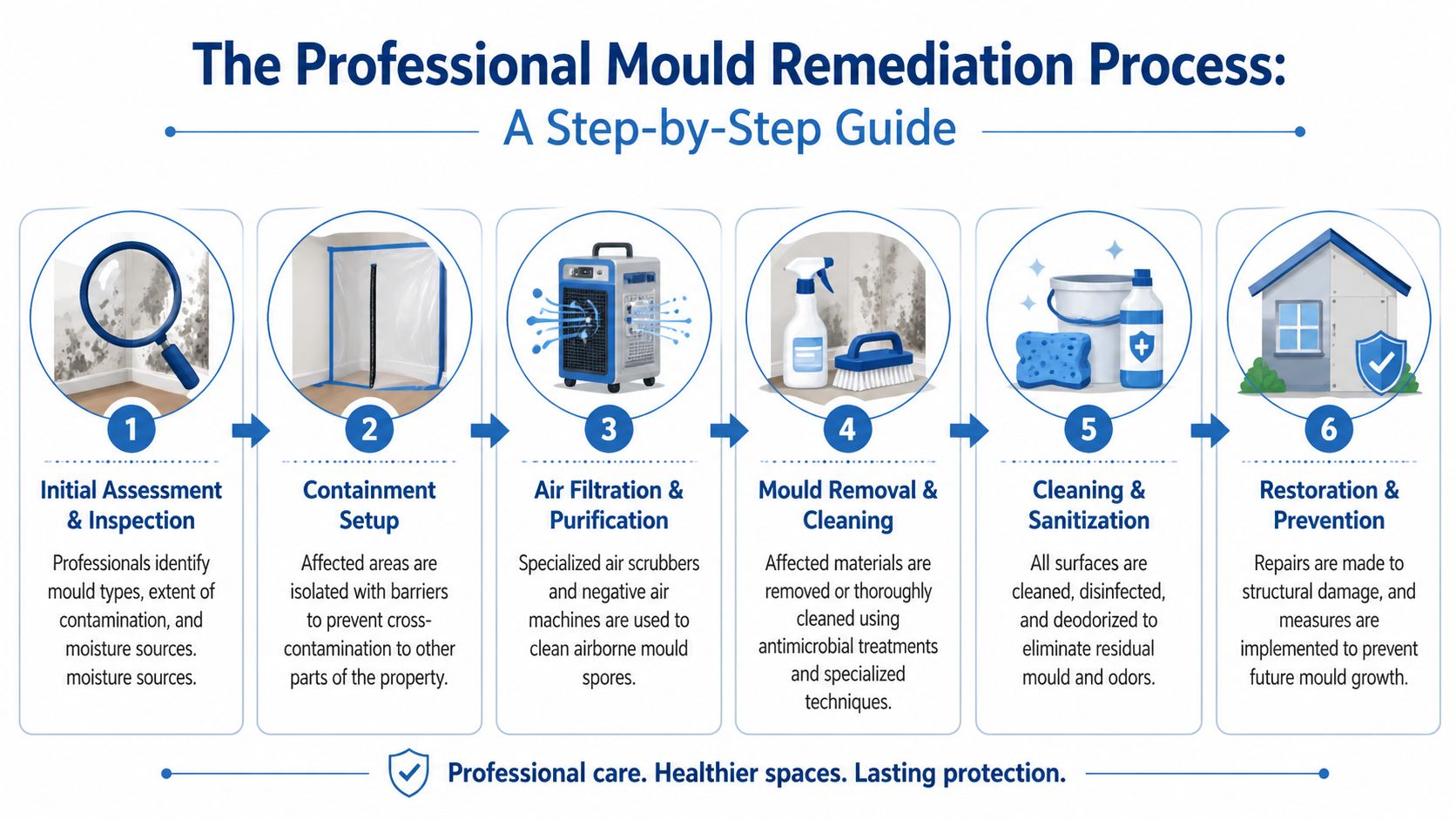 A six-step infographic detailing the professional process of mold remediation for homes and properties.
