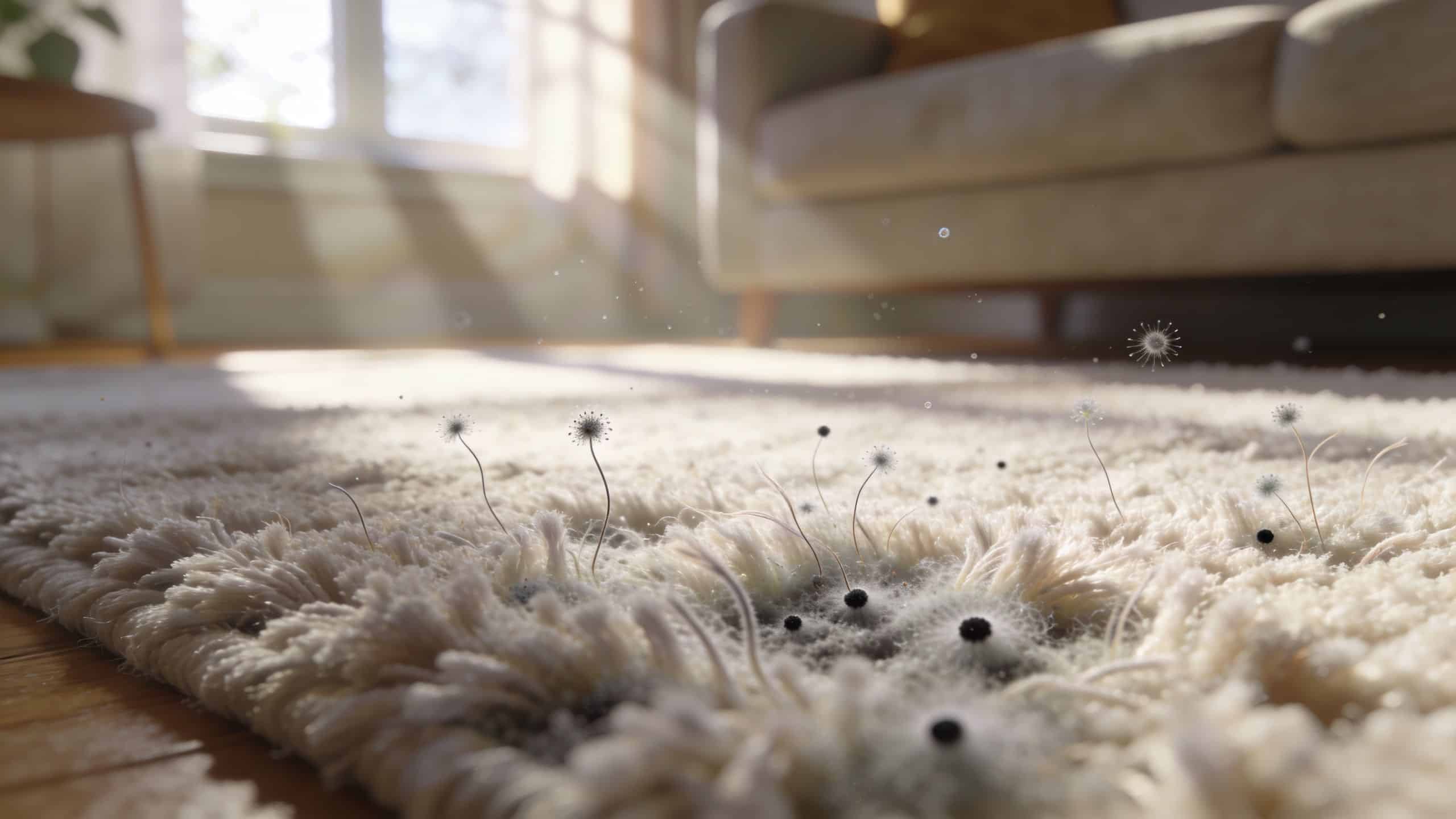 Mold growth and fungal spores forming on a white shag carpet in a bright living room.