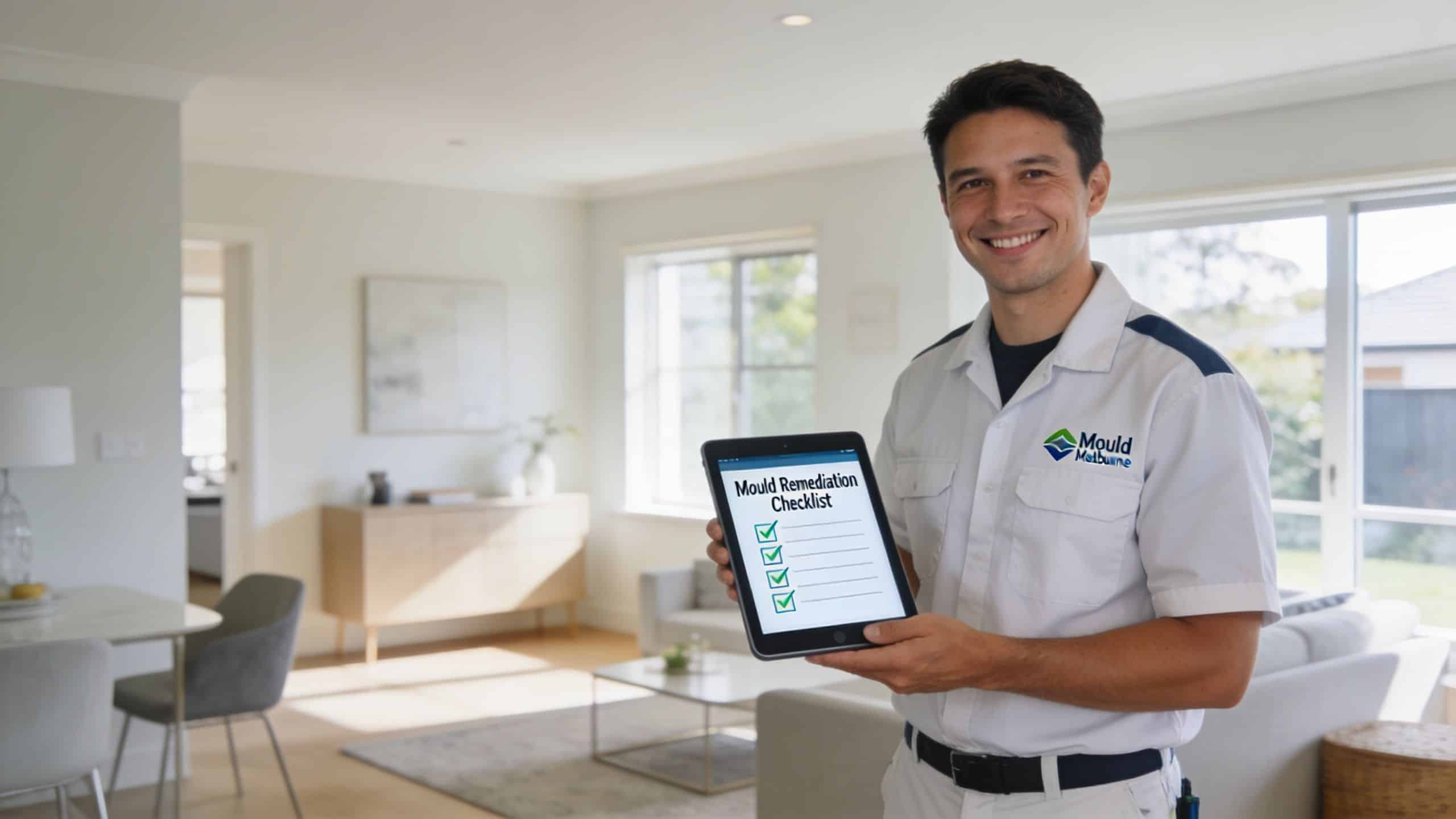 A smiling professional technician in uniform holding a digital tablet displaying a mold remediation checklist for homeowners.