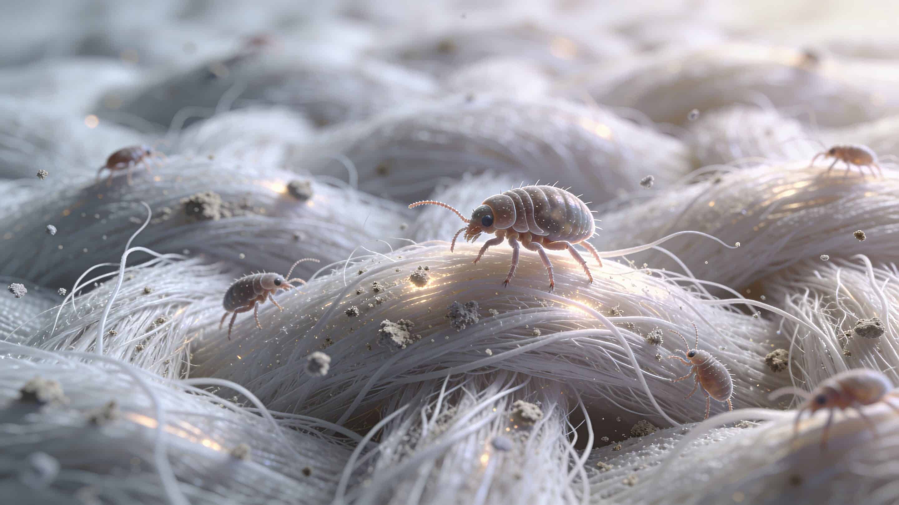 Close-up microscopic view of small dust mites crawling on white fabric mattress fibers with debris particles.